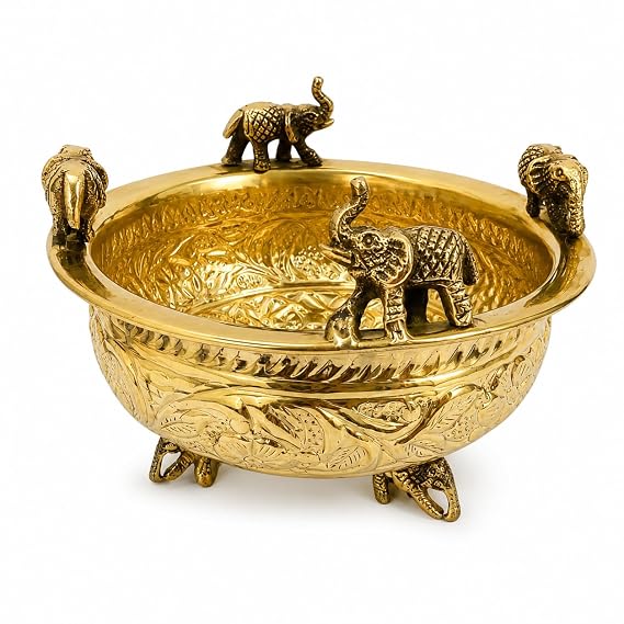 Brass Elephant Urli Bowl 6 Inch Floating Flower Bowl | Pure Brass, Engraved Floral Motifs, Pooja & Festive Decor, Elephant Figurines, 15.5 x 12.5 cm