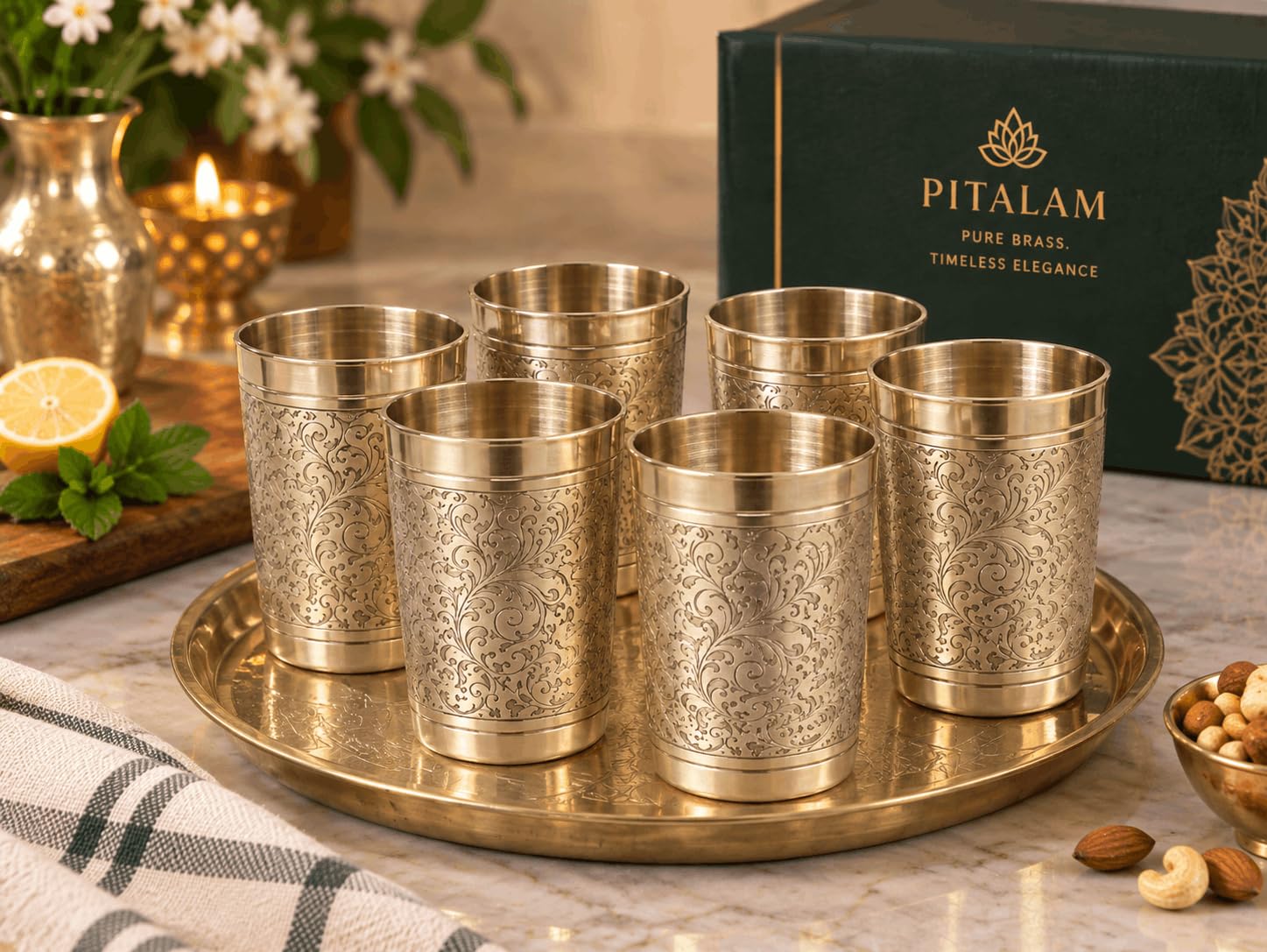 PITALAM Flora Design Pure Brass Glass Set of 6, 4 Inch 8
