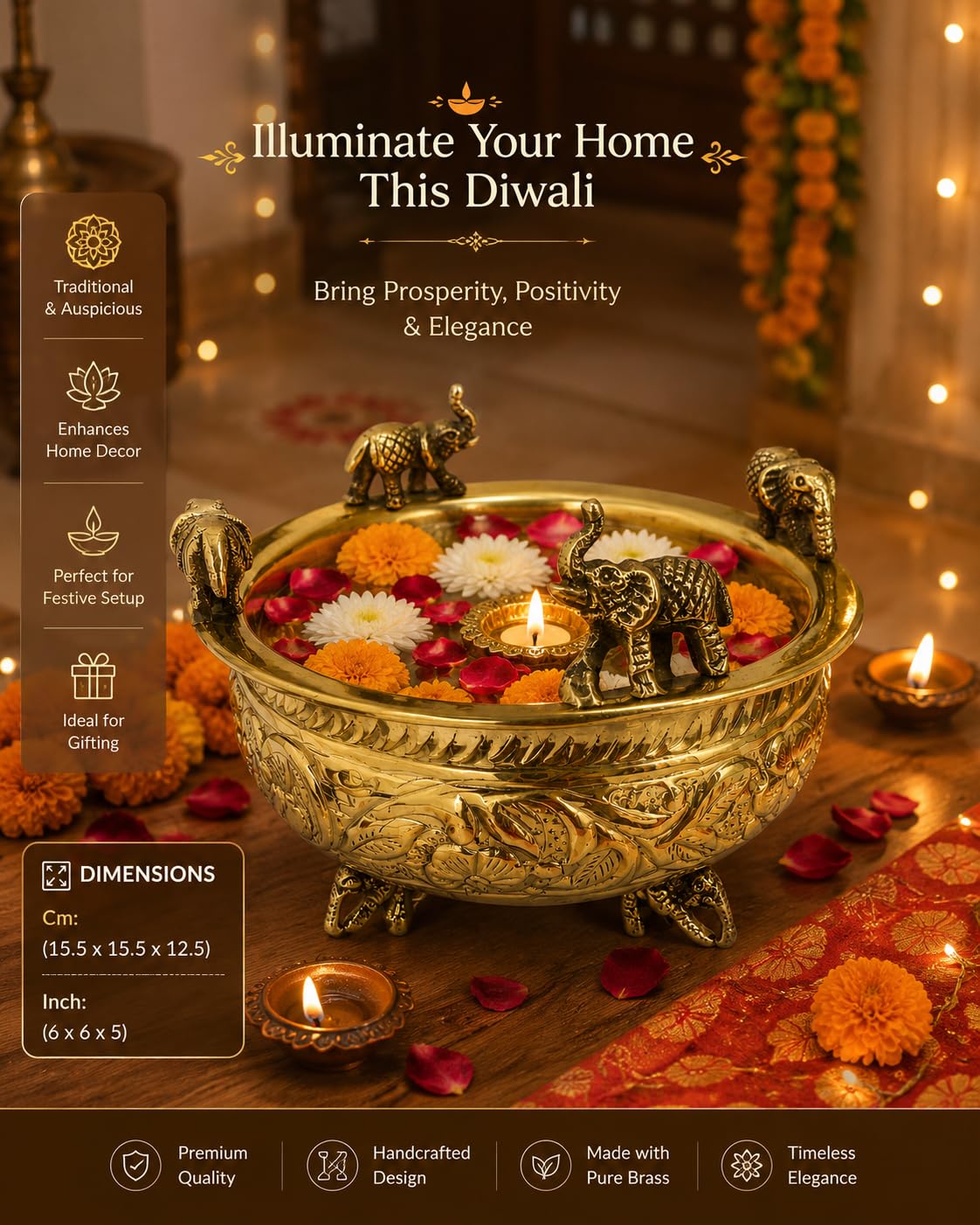 PITALAM | 100% Pure Brass Elephant Urli Bowl 6 Inch Floating Flower Bowl 3