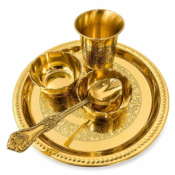Brass Bhog Thali Set – Round Prasad Serving Plate with 2 Bowls, Glass & Spoon for Laddu Gopal, Temple Offering & Daily Puja