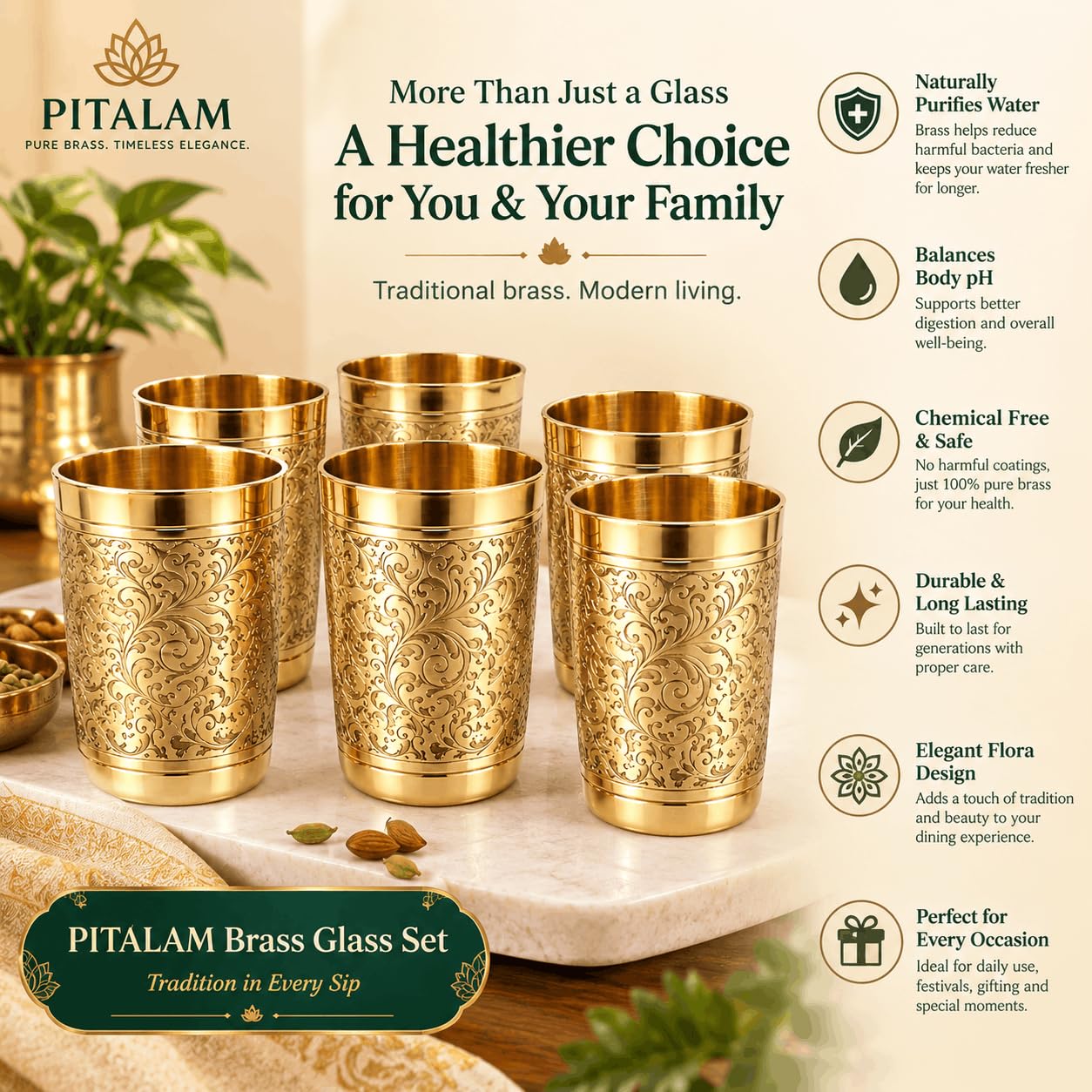PITALAM Flora Design Pure Brass Glass Set of 6, 4 Inch 4