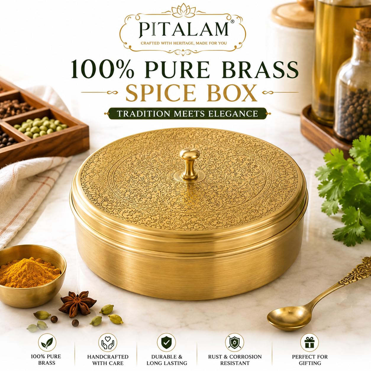 PITALAM 100% Pure Brass Spice Box for Kitchen with Spoon | 7 Containers Masala Box | Handcrafted Masala Dabba, Masaledani & Spice Storage Box | 1605 ml | Gold 4