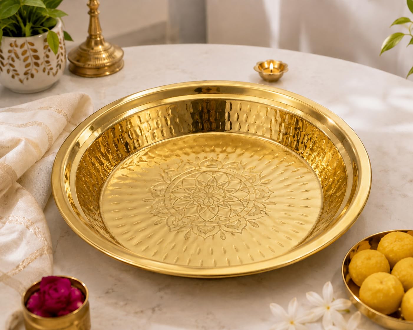 PITALAM 100% Brass Paraat for Dough Atta Kneading Hammered 6