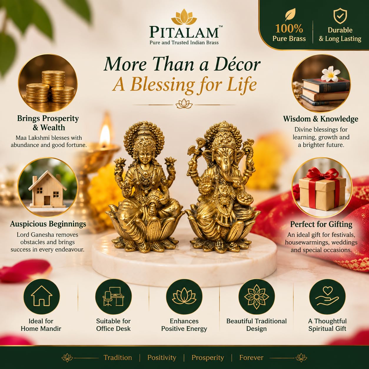 PITALAM Brass Lakshmi Ganesh Idol Set, 7.62 x 3.05 x 5.08 cm 3