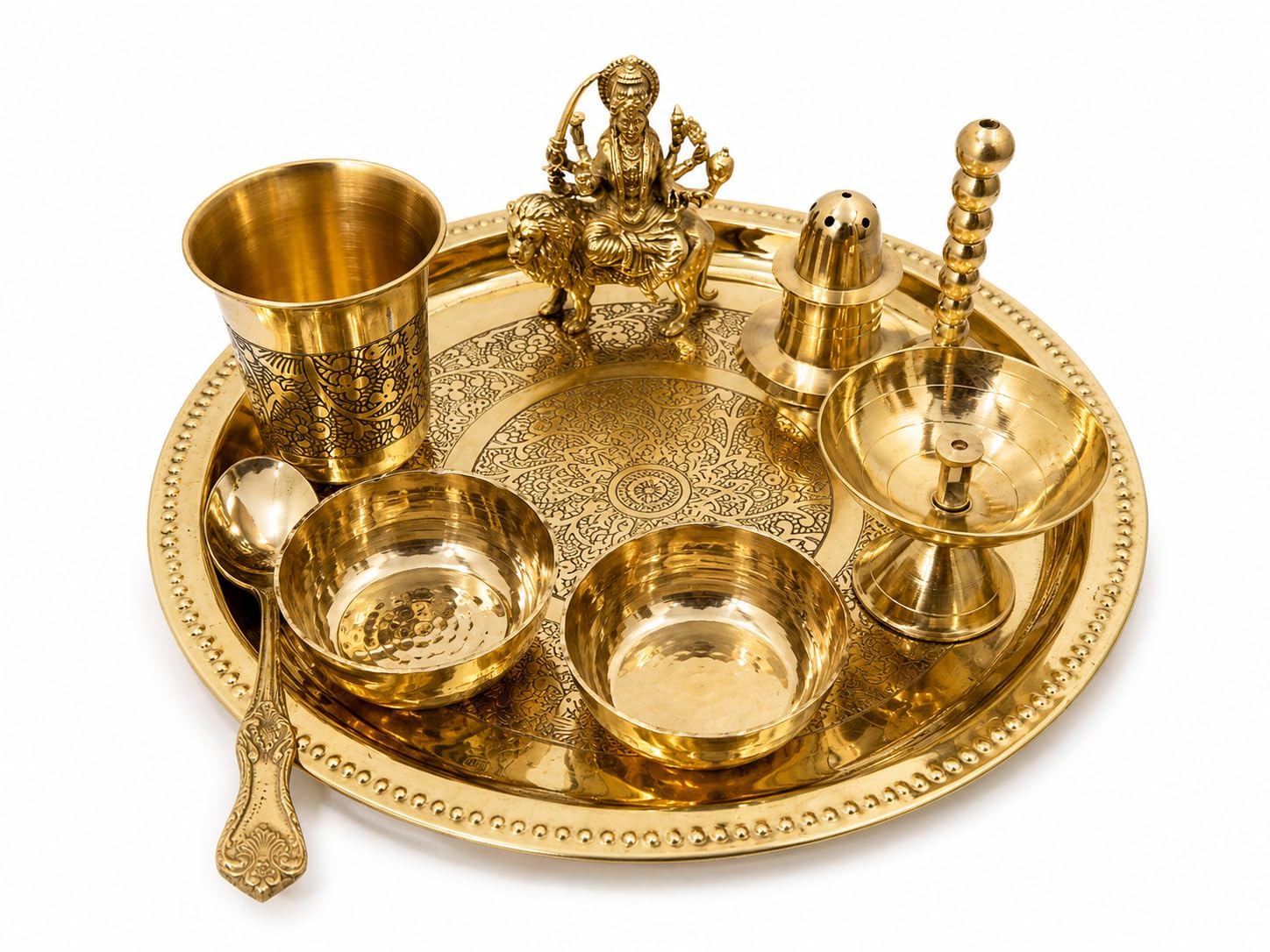 PITALAM 100% Pure Brass Round Bhog Thali/Pooja Plate 8 Inch (9, Arti Plate with Sherowali MATA Idol (9 Items))