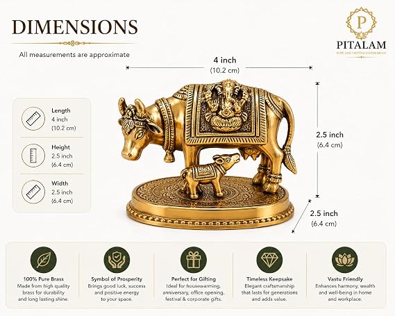 Brass Kamdhenu Cow and Calf Idol Vastu Showpiece | 100% Pure Brass, Handcrafted Detailing, 4 x 6.4 x 6.4 cm, Vastu Friendly, Home Temple Decor 3