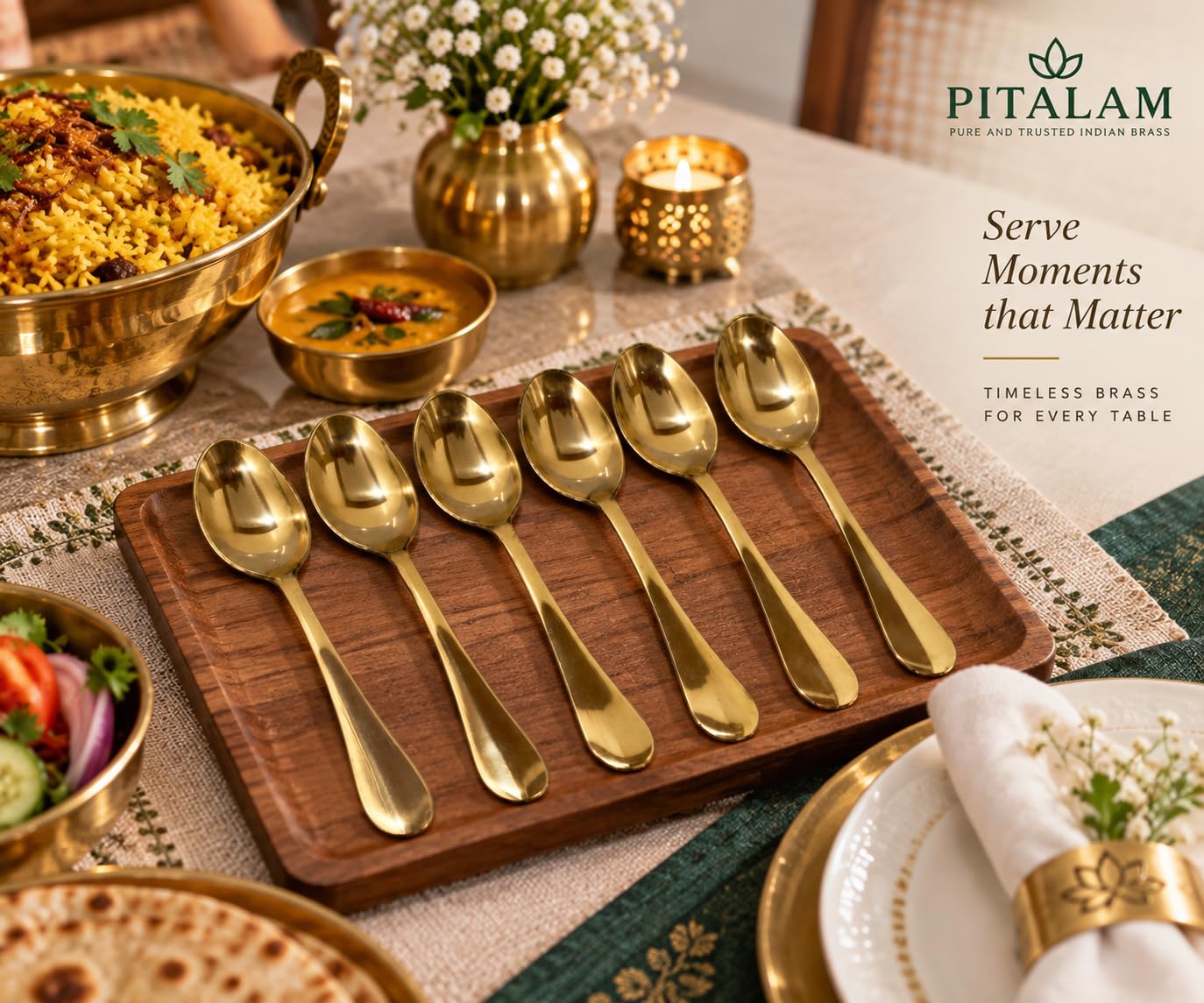Pitalam 100% Pure Brass Spoon Set of 6, 7.5 Inch Dining Spoons 2