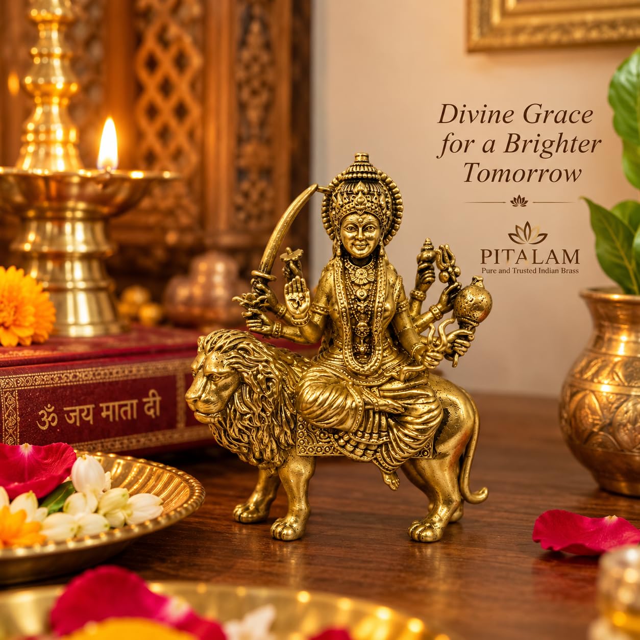 PITALAM Maa Durga 100% Pure Brass Idol Seated on Lion, 2.8 inch 3