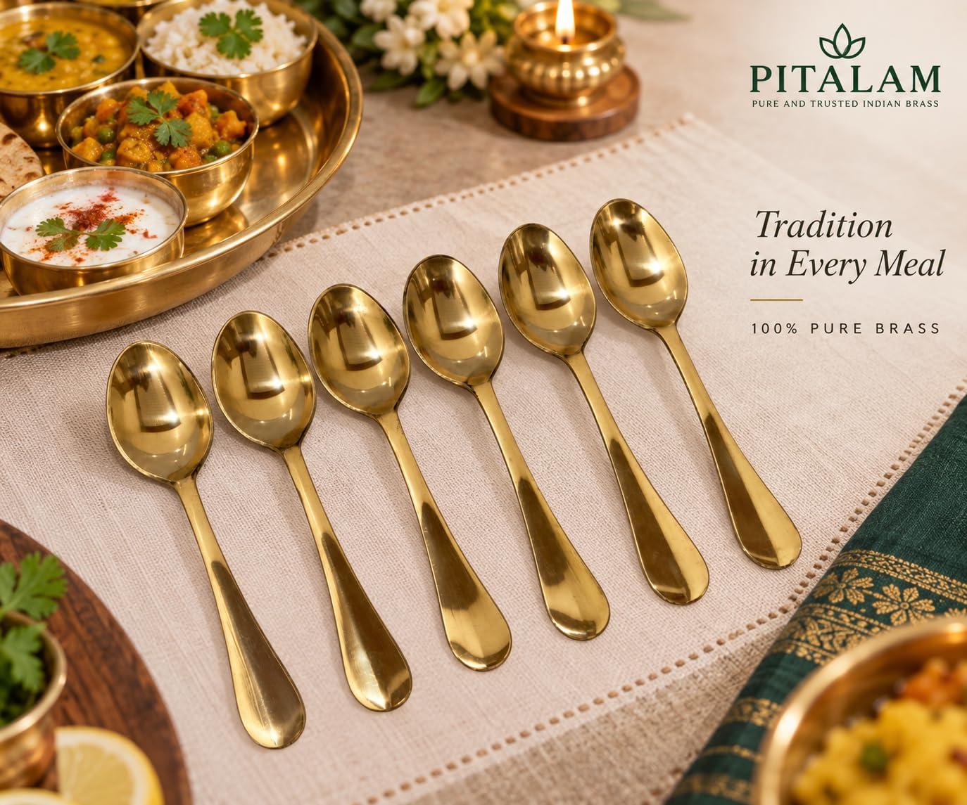 Pitalam 100% Pure Brass Spoon Set of 6, 7.5 Inch Dining Spoons 5