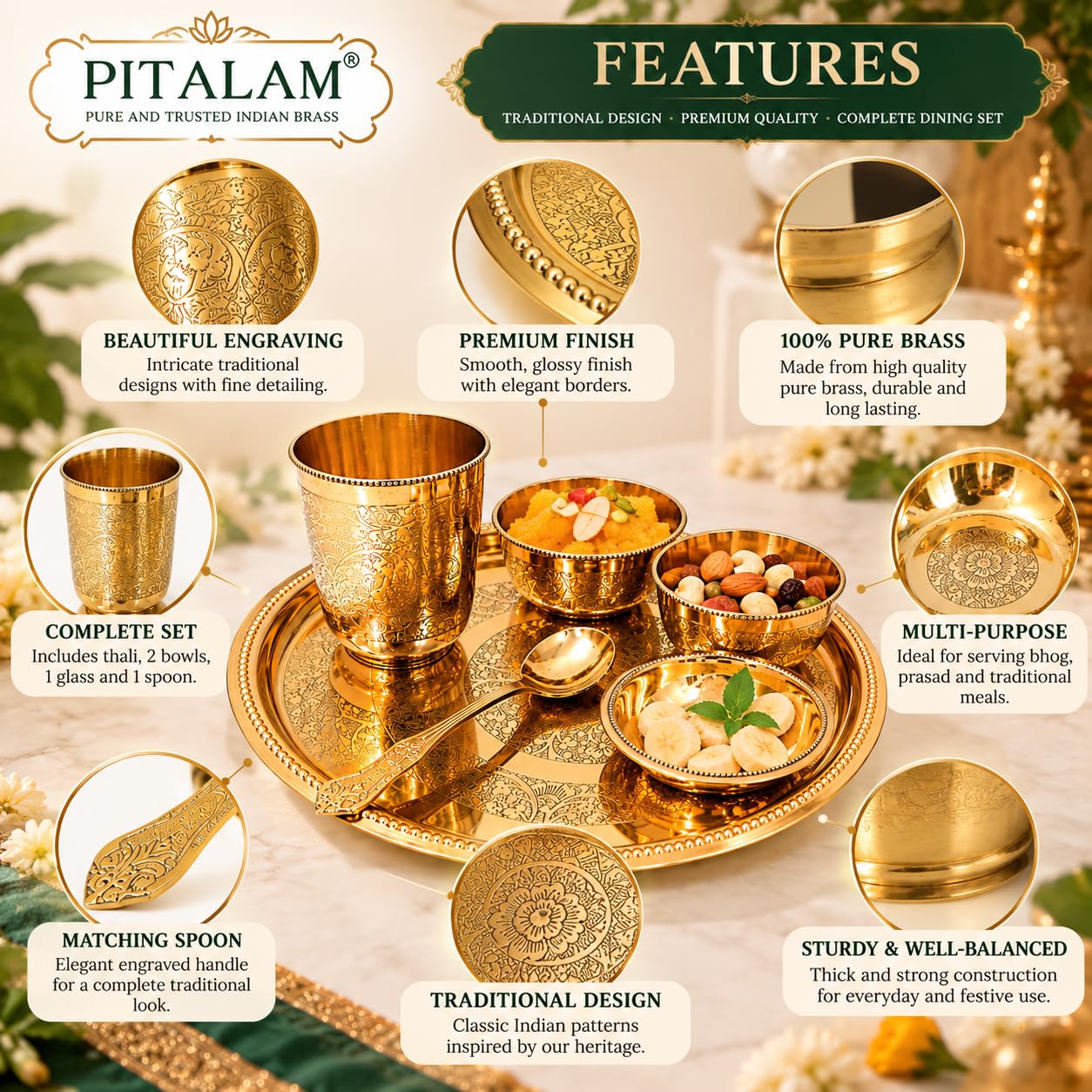 PITALAM Pure Brass Bhog Thali Set, 12 Inch, with Bowls, Glass & Spoon 3