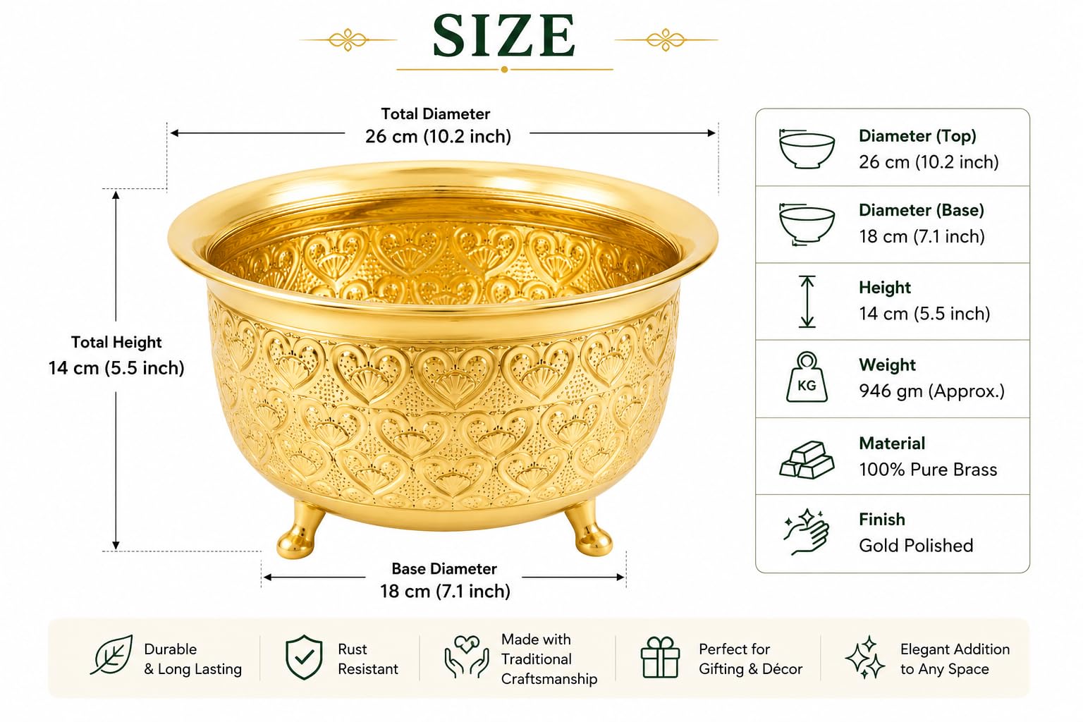 PITALAM 100% Pure Brass Decorative Planter Pot, 26 cm 4