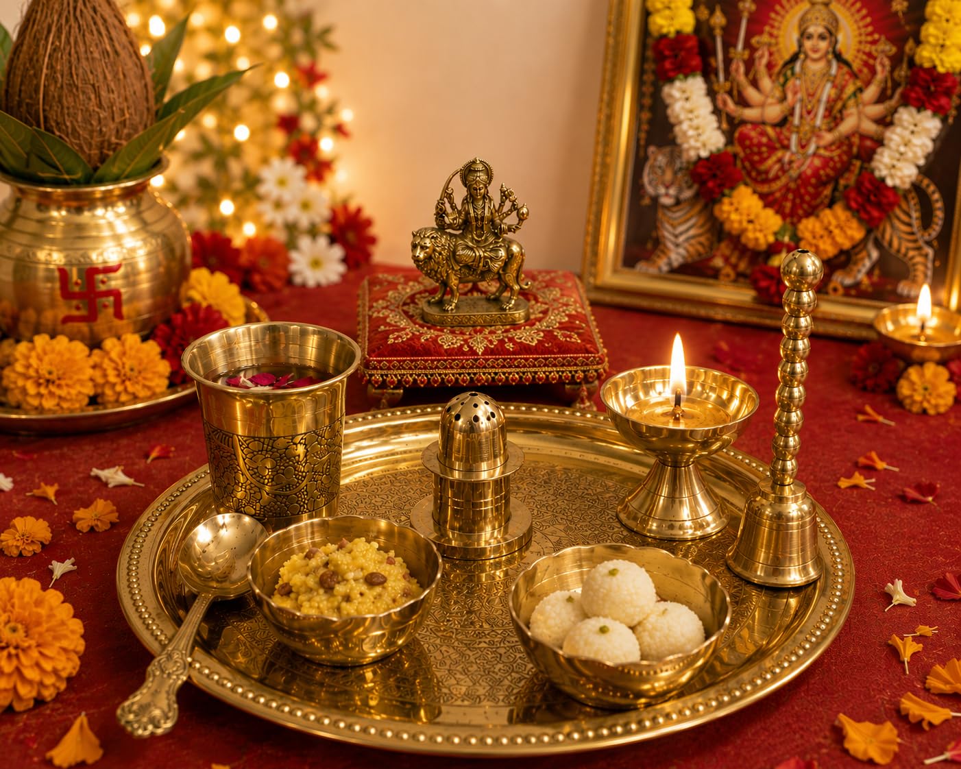 PITALAM 100% Pure Brass Round Bhog Thali/Pooja Plate 8 Inch (9, Arti Plate with Sherowali MATA Idol (9 Items)) 5