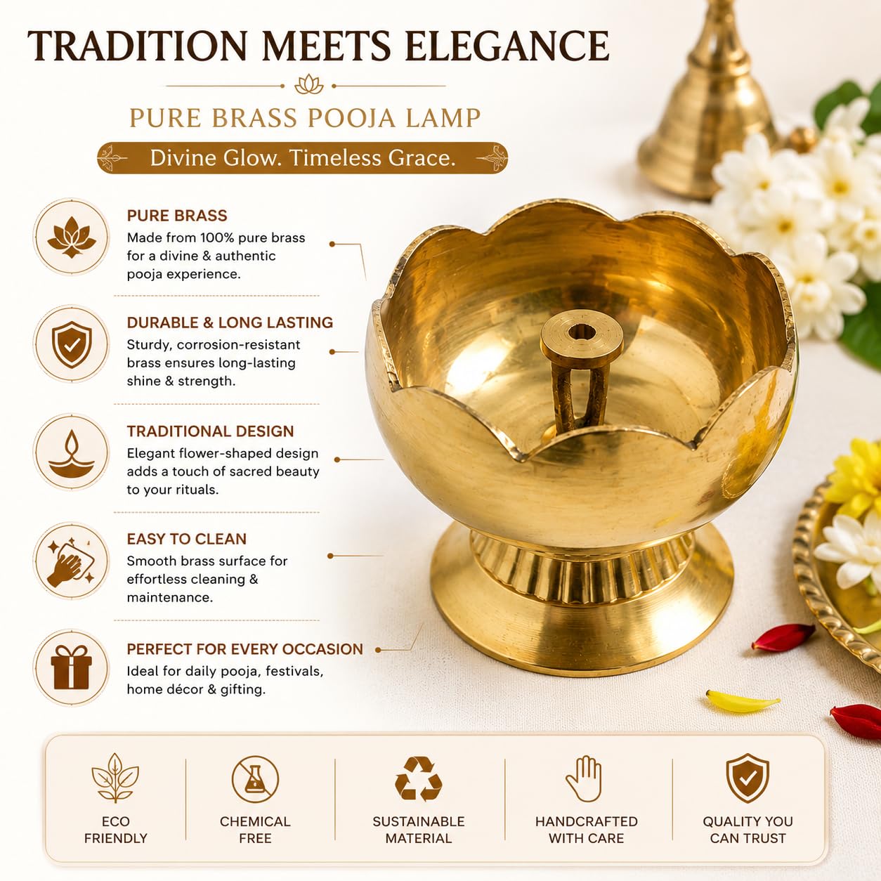 PITALAM | 100% Pure Brass Flower Diya Medium – Decorative Oil Lamp for Home Temple, Puja, Diwali Decoration & Spiritual Rituals (Single Piece) 4