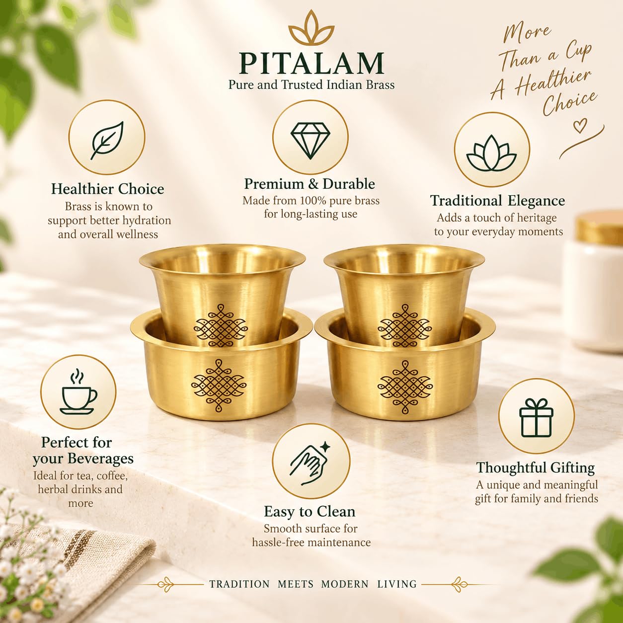 PITALAM 100% Pure Brass Tumblers & Saucers (Dabara Set) Set of 2 with Holders, 3 Inch 2