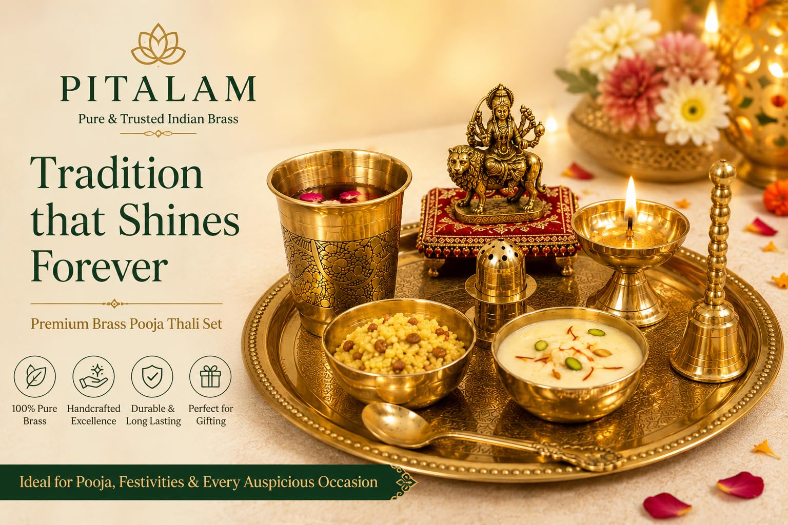 PITALAM 100% Pure Brass Round Bhog Thali/Pooja Plate 8 Inch (9, Arti Plate with Sherowali MATA Idol (9 Items)) 2