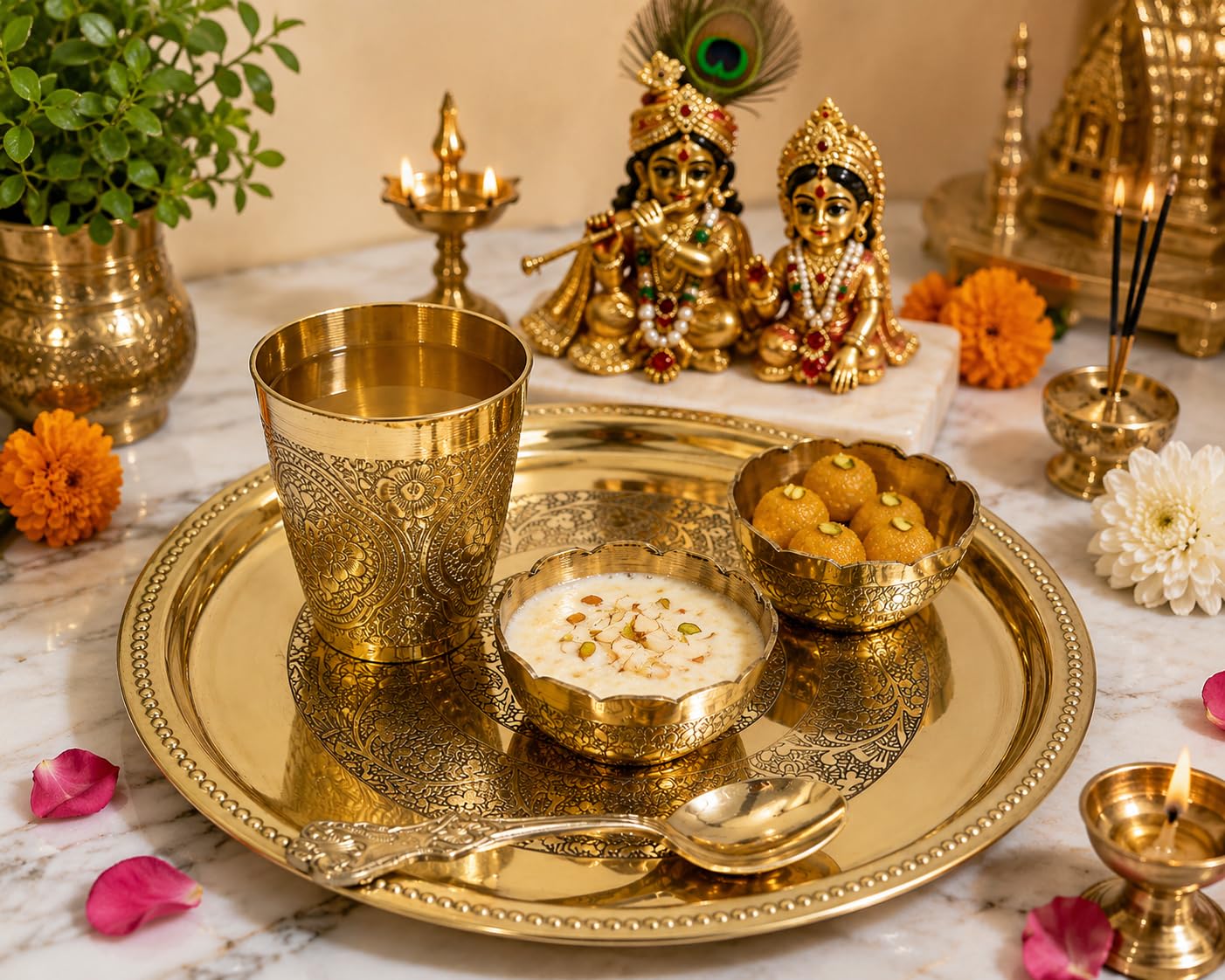 PITALAM 100% Pure Brass Round Bhog Thali/Pooja Plate 8 Inch (5, Round Pure Brass 8 Inch Bhog Thali) 2