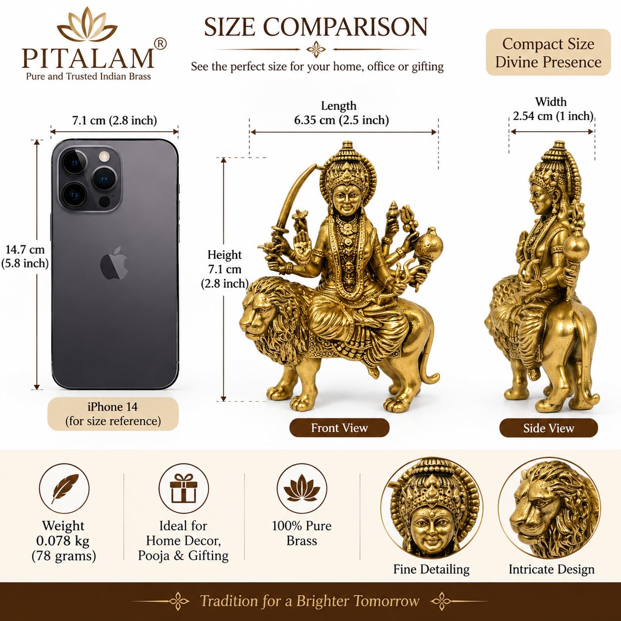 PITALAM Maa Durga 100% Pure Brass Idol Seated on Lion, 2.8 inch 2