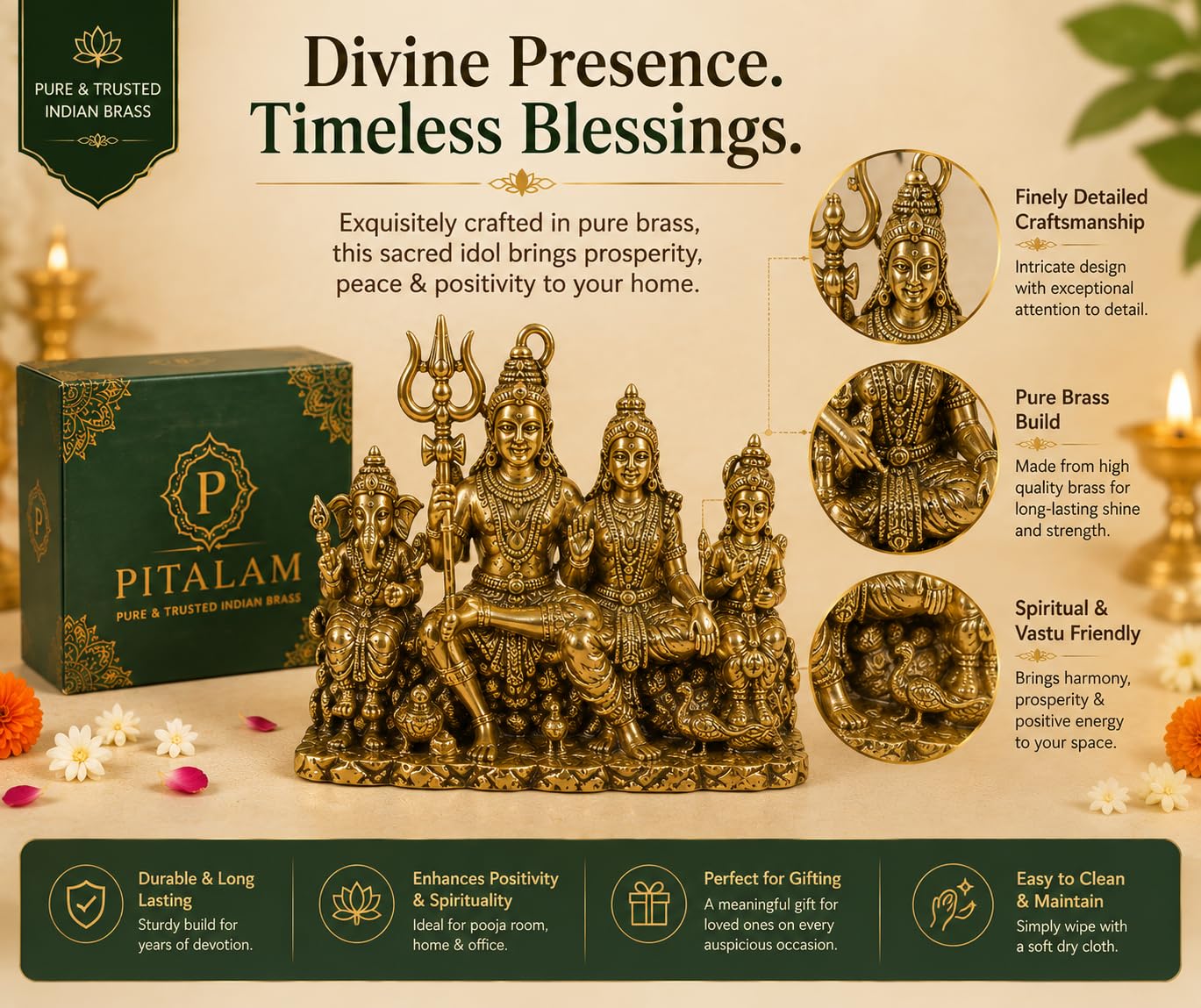 PITALAM Shiv Parivar Brass Idol Statue, 12.7x11.43x5.08 cm, Gold 2