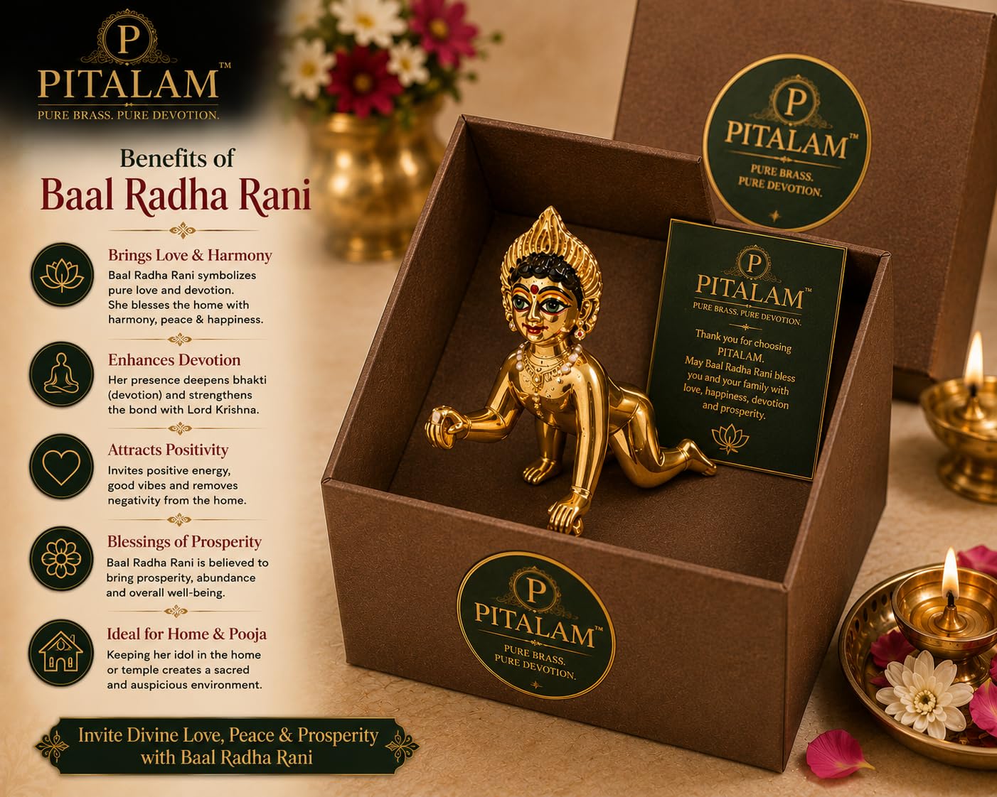 PITALAM Baal Radha Rani Brass Idol, 7.62 × 7.62 cm, Hand Painted 3