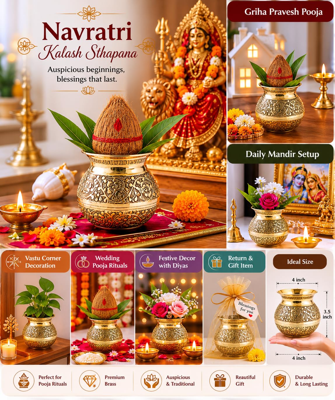 PITALAM 100% Pure Brass Kalash for Puja, 850ml 3