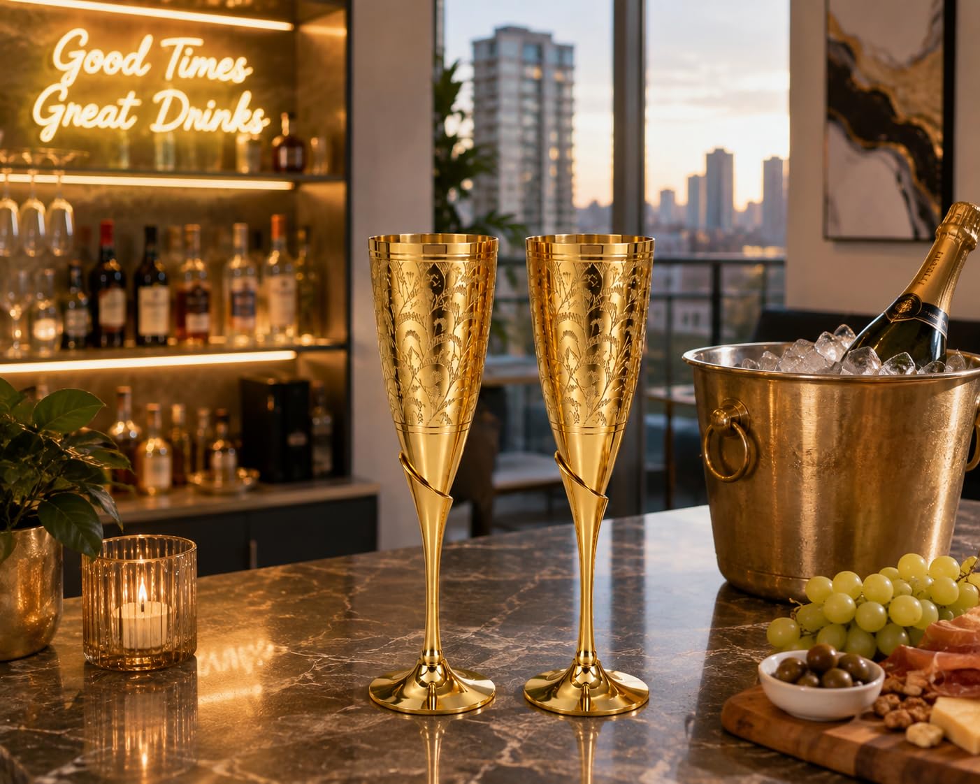PITALAM | 100% Pure Brass Premium Champagne Flute Set of 2, Weighted 5