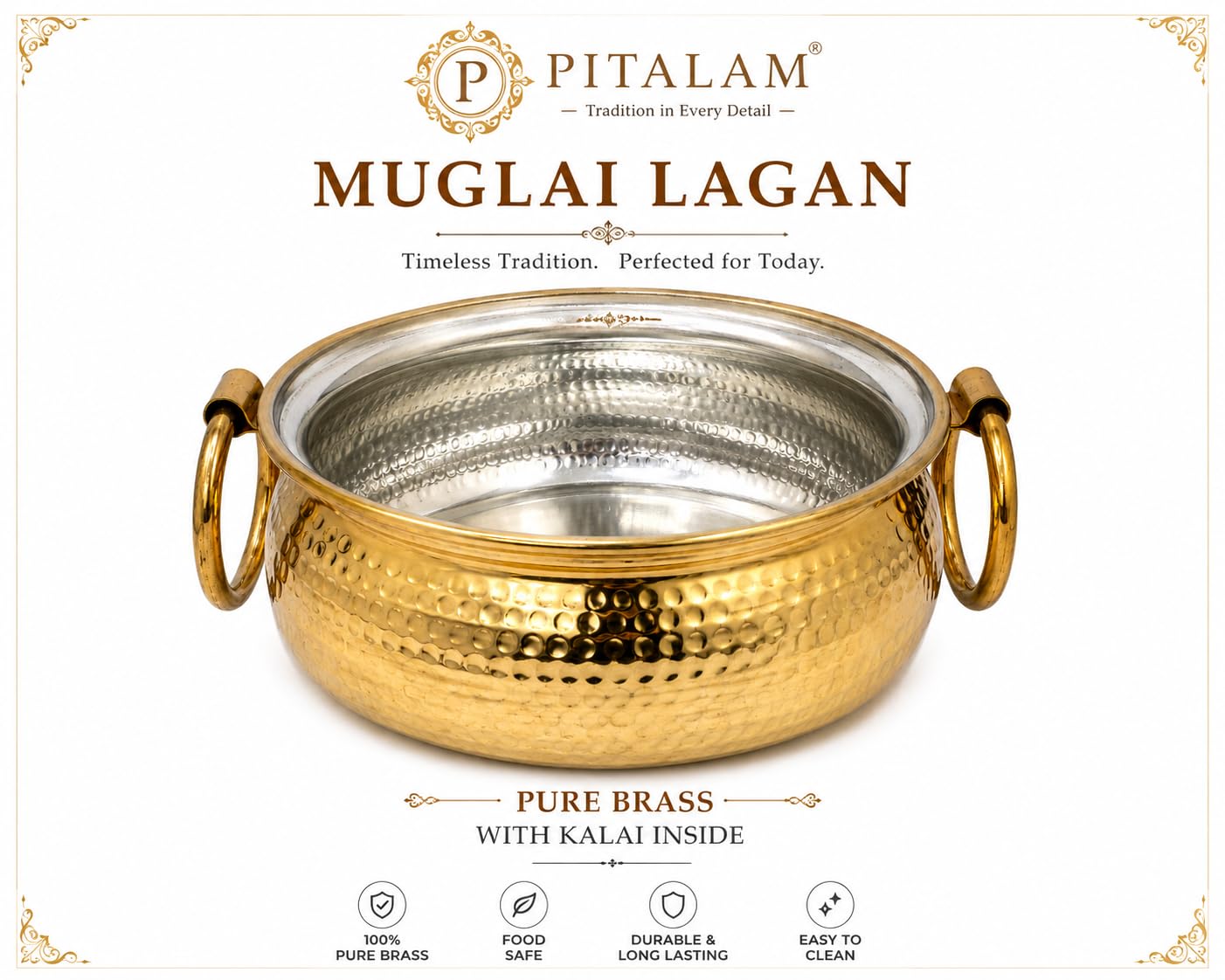 Pitalam Pure Brass Mughlai Lagan with Lid, 8x8x3.5 in 2