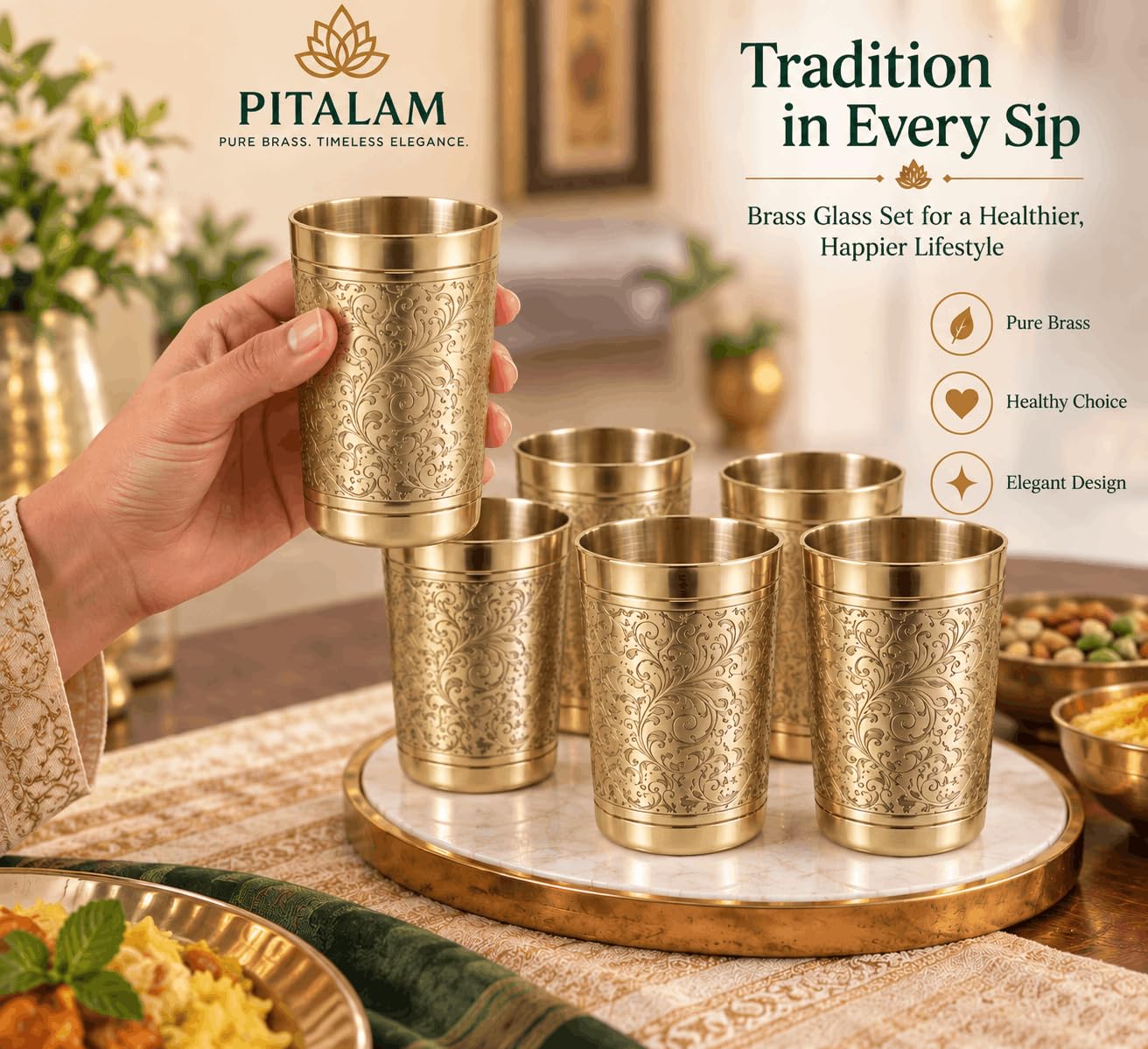 PITALAM Flora Design Pure Brass Glass Set of 6, 4 Inch 2