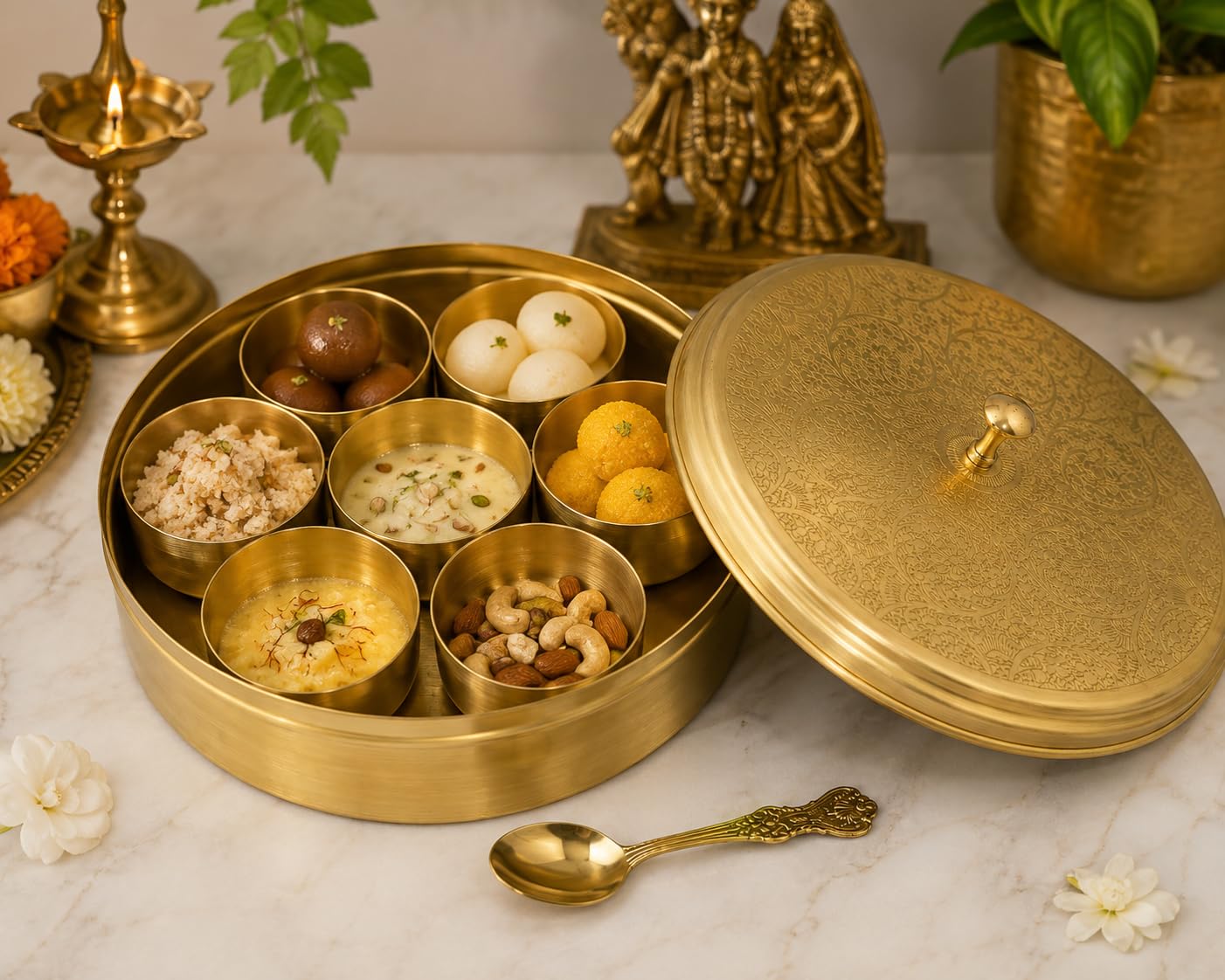 PITALAM 100% Pure Brass Spice Box for Kitchen with Spoon | 7 Containers Masala Box | Handcrafted Masala Dabba, Masaledani & Spice Storage Box | 1605 ml | Gold 5