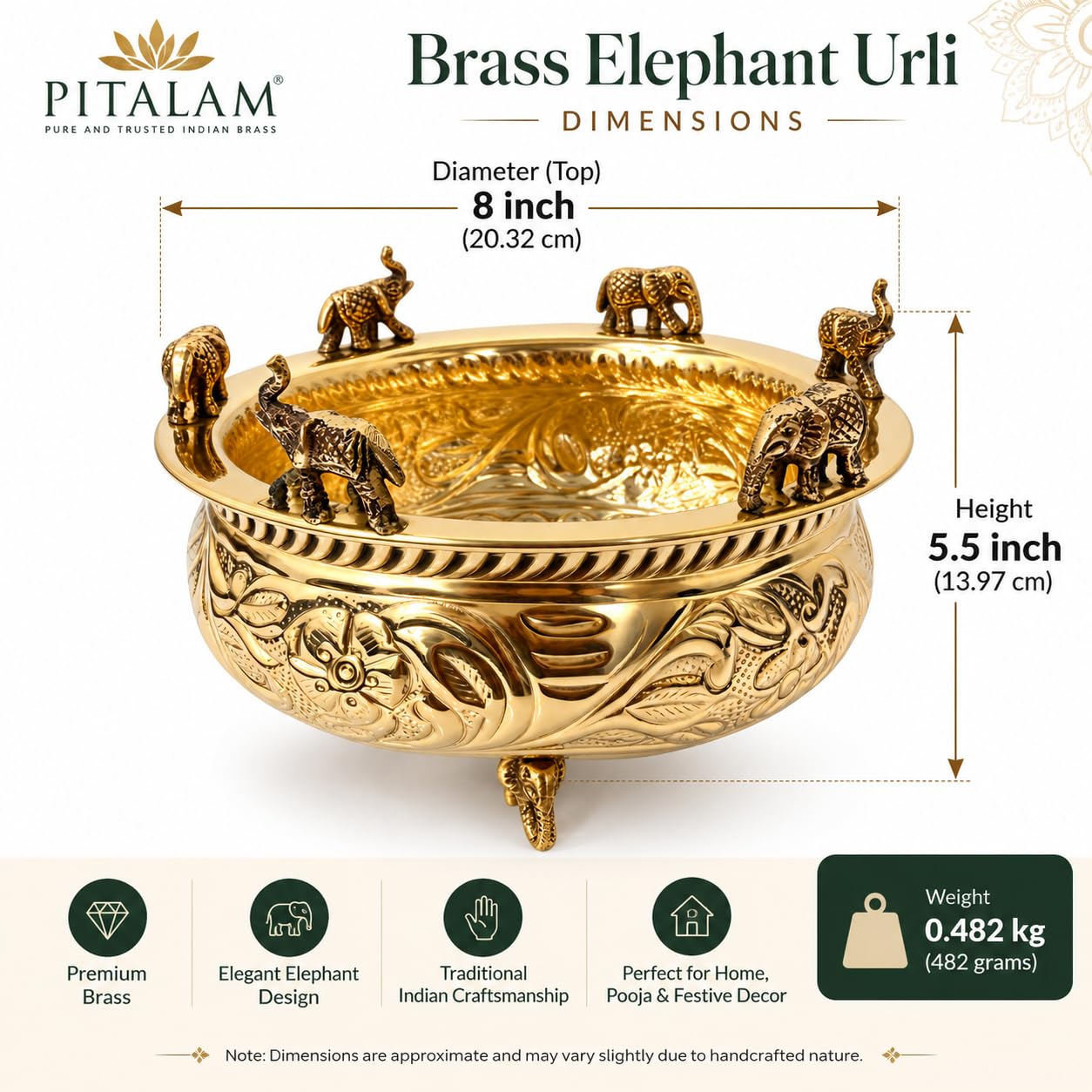 PITALAM Brass Elephant Urli for Home & Pooja Decor, 8 inch 4
