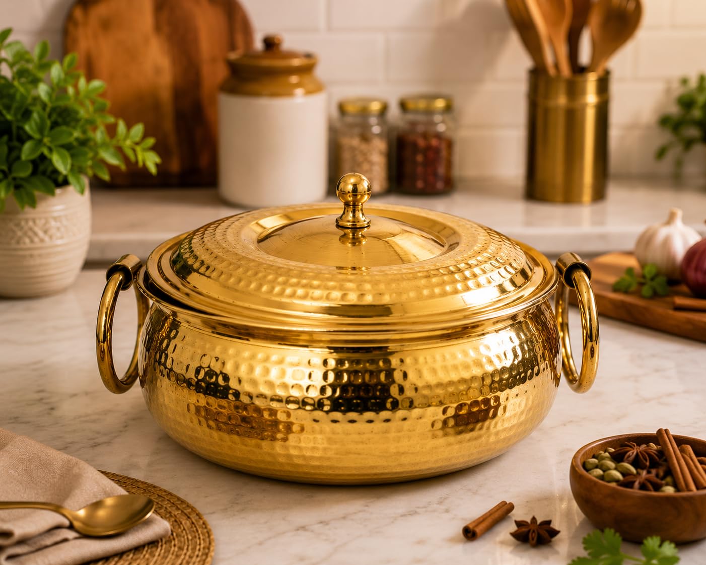 Pitalam Pure Brass Mughlai Lagan with Lid, 8x8x3.5 in