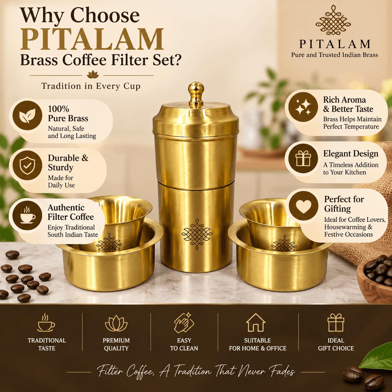 PITALAM 100% Pure Brass South Indian Filter Coffee Set 2