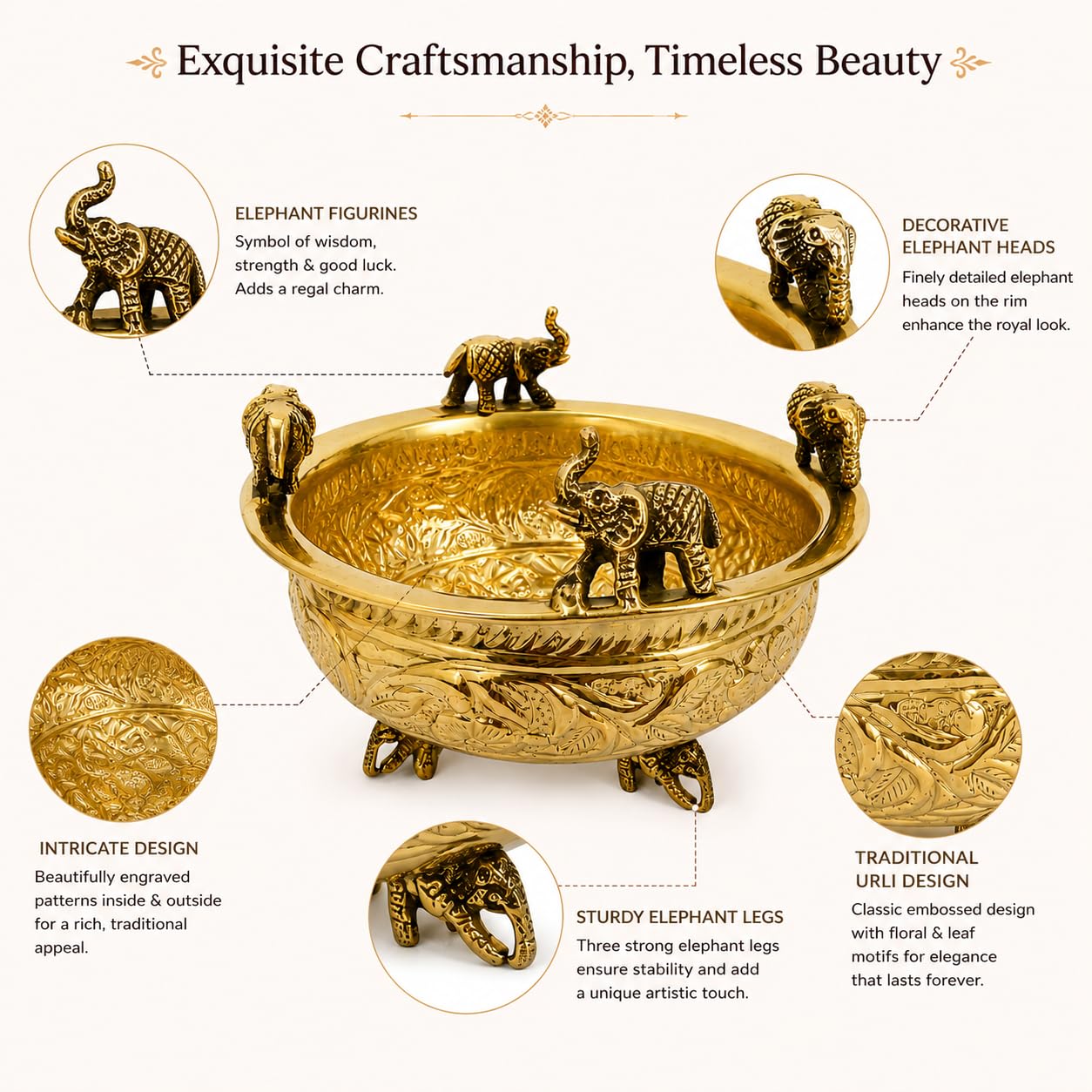 PITALAM | 100% Pure Brass Elephant Urli Bowl 6 Inch Floating Flower Bowl 4