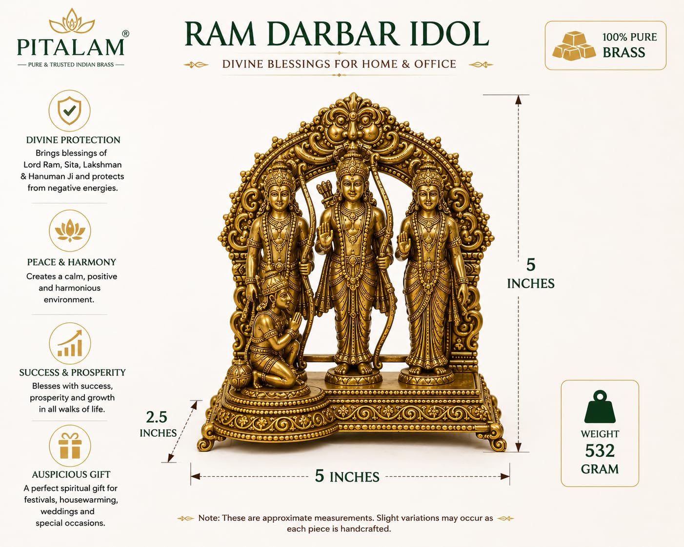 PITALAM Brass Ram Darbar Idol Ram Sita Lakshman Hanuman 5 inch 2