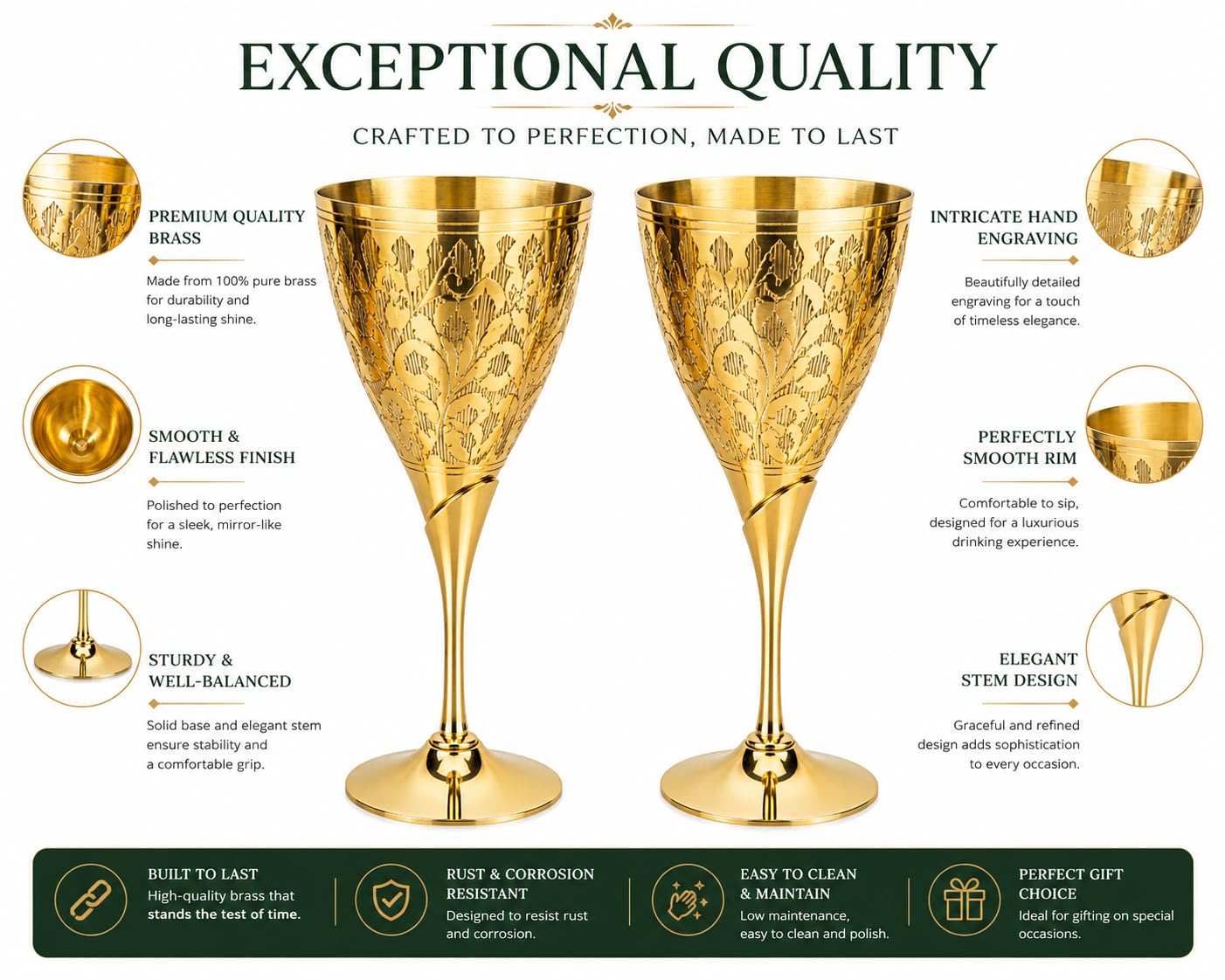 PITALAM | Pure Brass Wine Glass Set of 2, Hand Engraved Goblets, Weighted 3