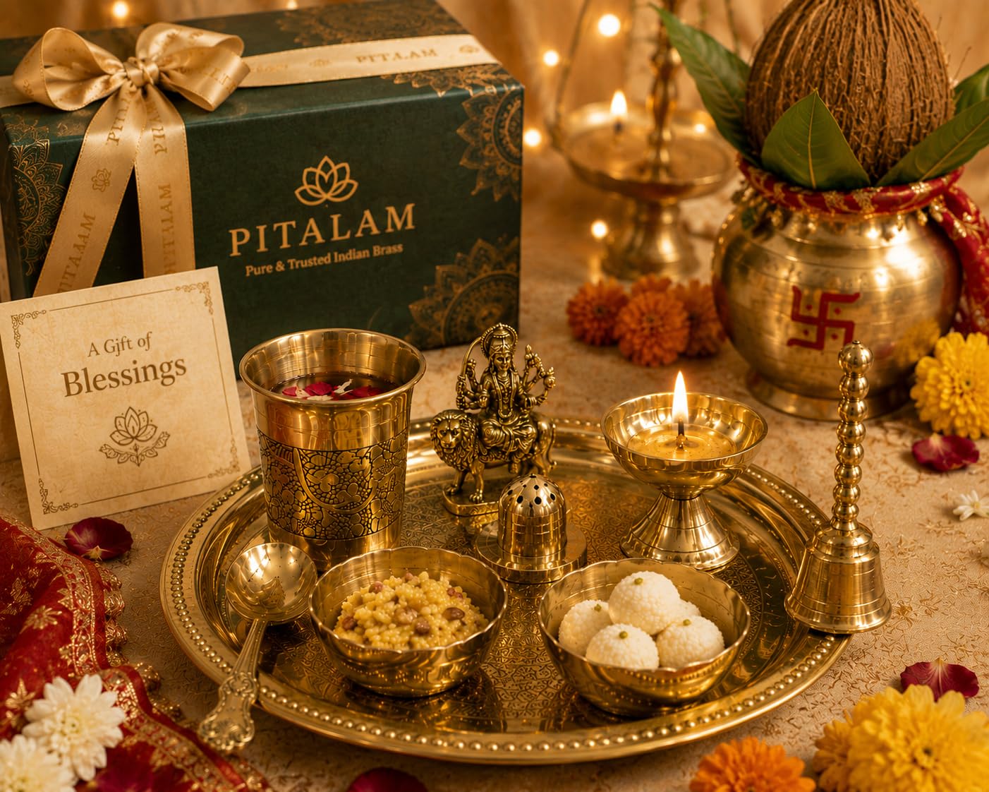 PITALAM 100% Pure Brass Round Bhog Thali/Pooja Plate 8 Inch (9, Arti Plate with Sherowali MATA Idol (9 Items)) 3