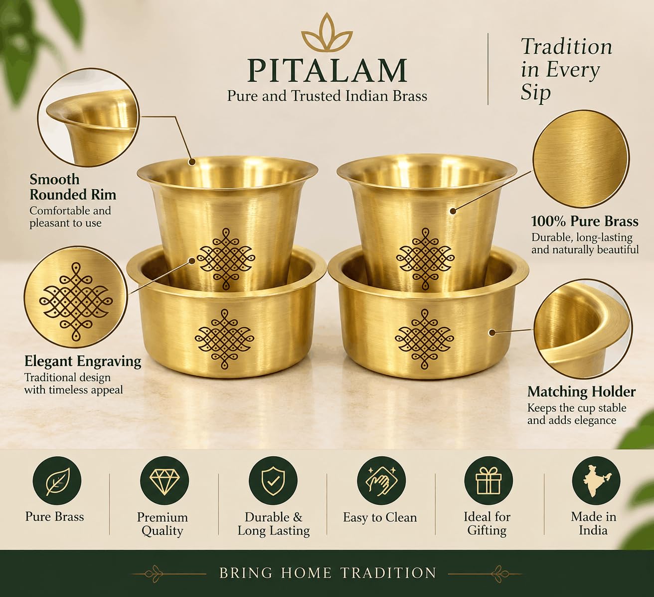 PITALAM 100% Pure Brass Tumblers & Saucers (Dabara Set) Set of 2 with Holders, 3 Inch 4