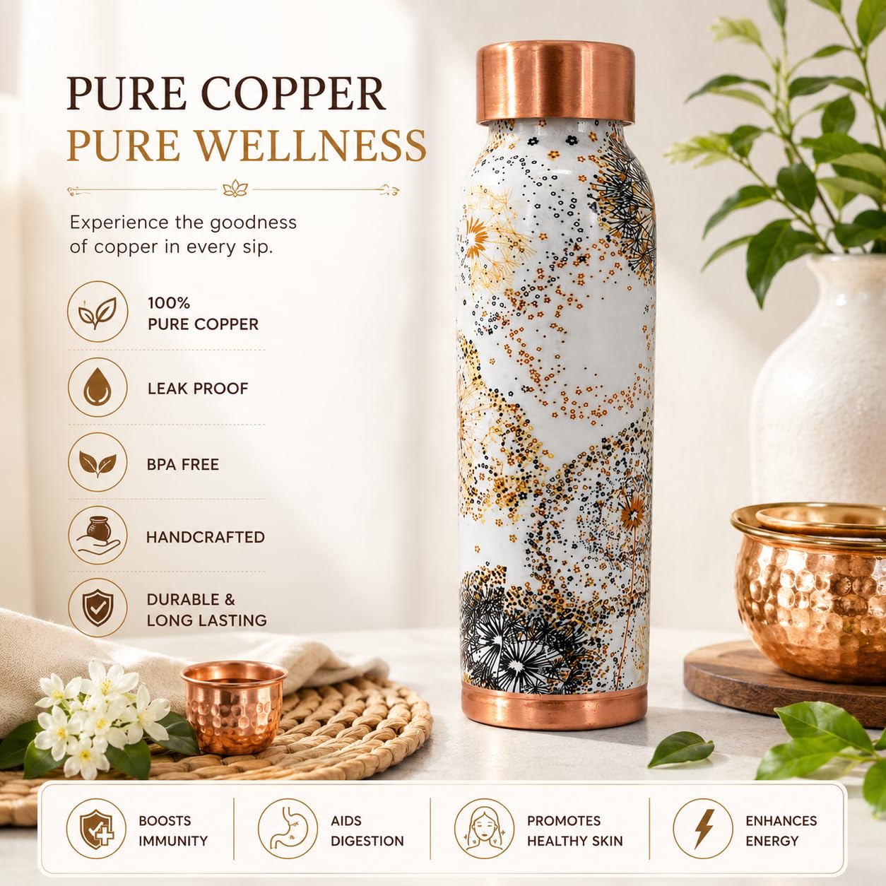 PITALAM | 100% Copper Water Bottle | 950ml | Pure Copper Drinking Bottle for Ayurvedic Water Storage, Health & Daily Hydration 5
