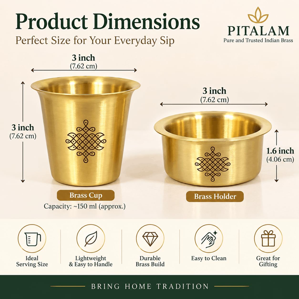 PITALAM 100% Pure Brass Tumblers & Saucers (Dabara Set) Set of 2 with Holders, 3 Inch 3