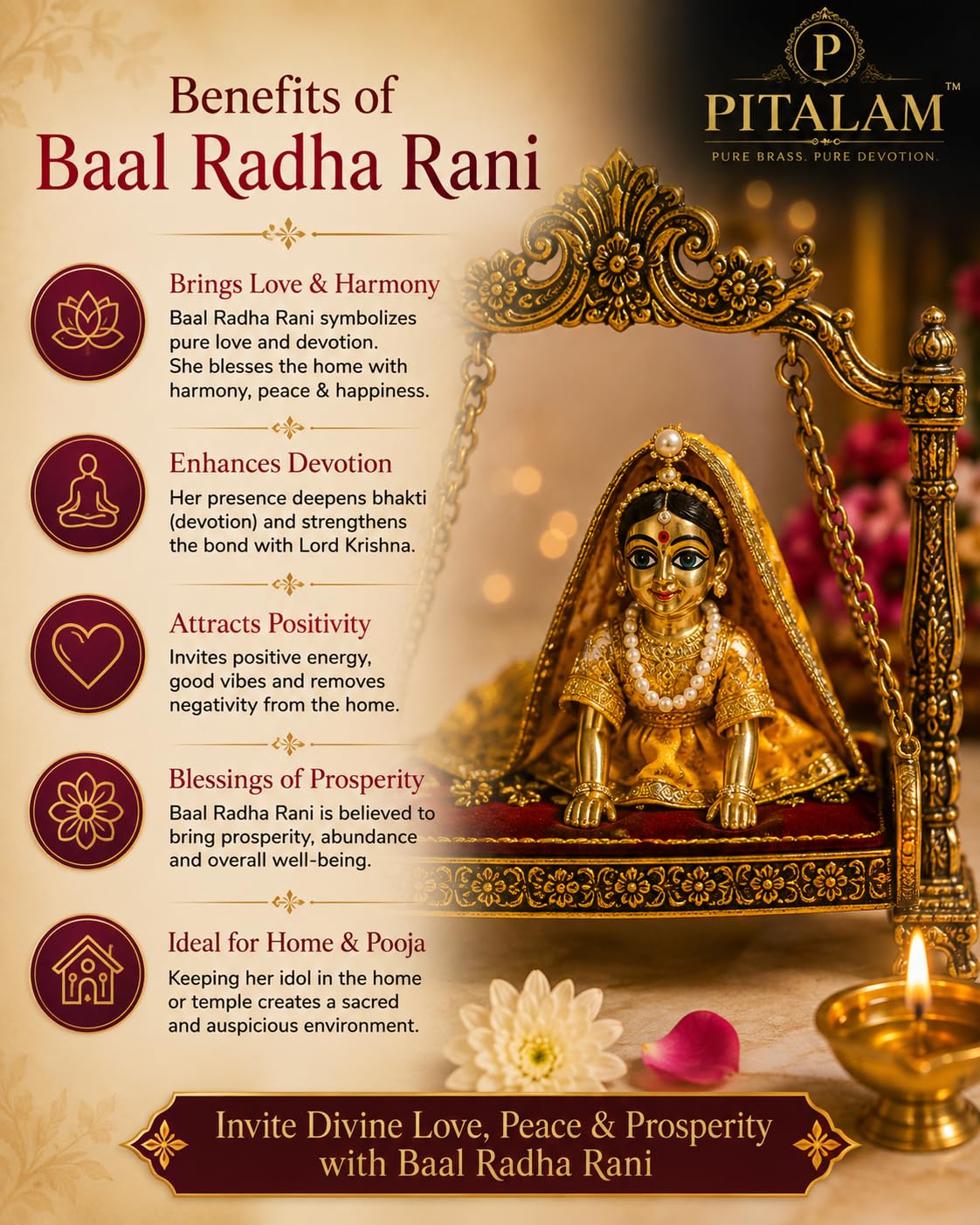 PITALAM Baal Radha Rani Brass Idol, 7.62 × 7.62 cm, Hand Painted 4