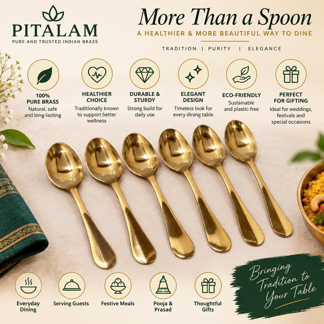 Pitalam 100% Pure Brass Spoon Set of 6, 7.5 Inch Dining Spoons 3