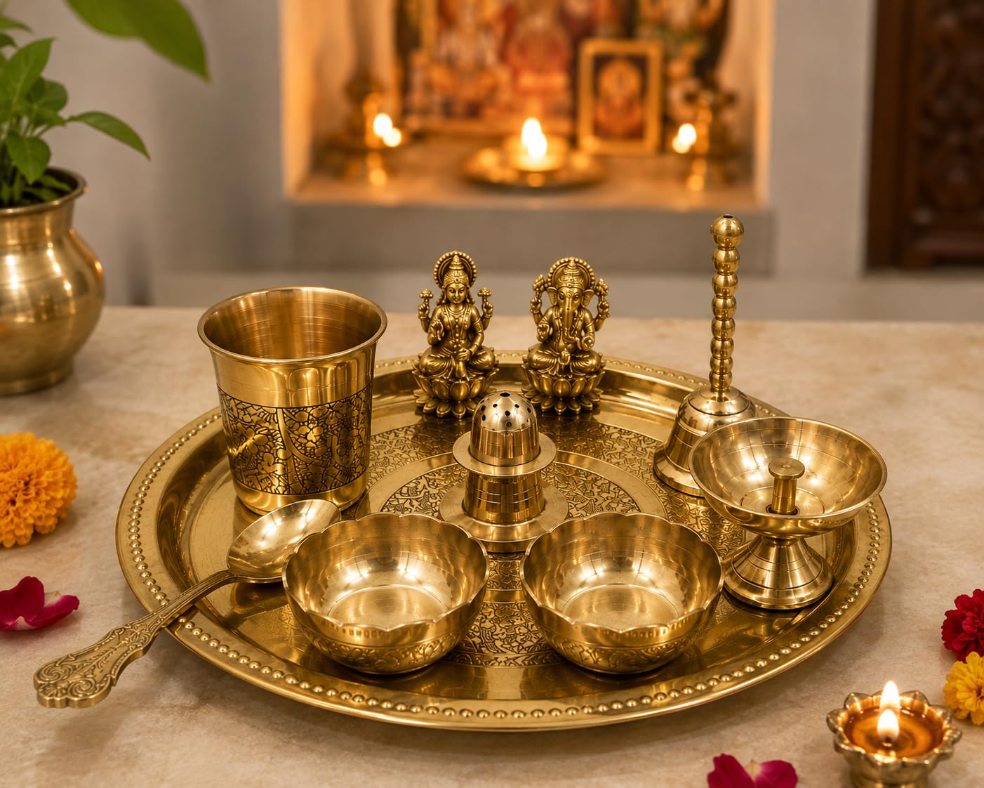 PITALAM 100% Pure Brass Round Bhog Thali/Pooja Plate 8 Inch (10, Arti Plate with Laxmi Ganesh Idol (10 Items)) 5