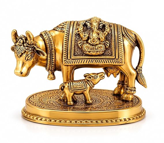 Brass Kamdhenu Cow and Calf Idol Vastu Showpiece | 100% Pure Brass, Handcrafted Detailing, 4 x 6.4 x 6.4 cm, Vastu Friendly, Home Temple Decor