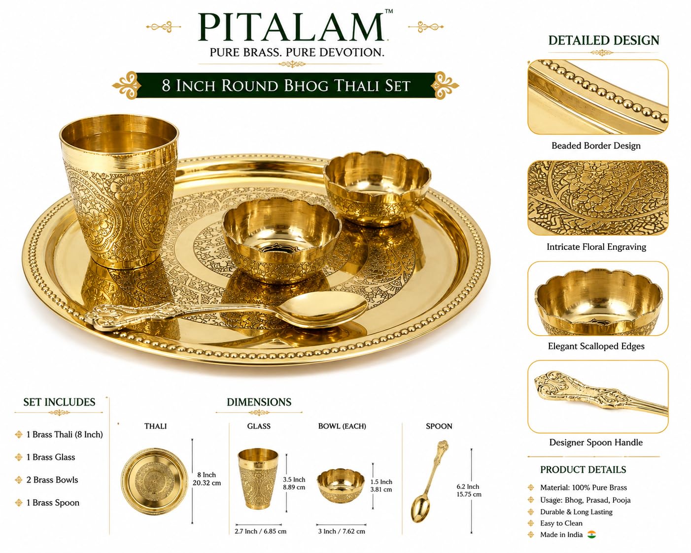 PITALAM 100% Pure Brass Round Bhog Thali/Pooja Plate 8 Inch (5, Round Pure Brass 8 Inch Bhog Thali) 6