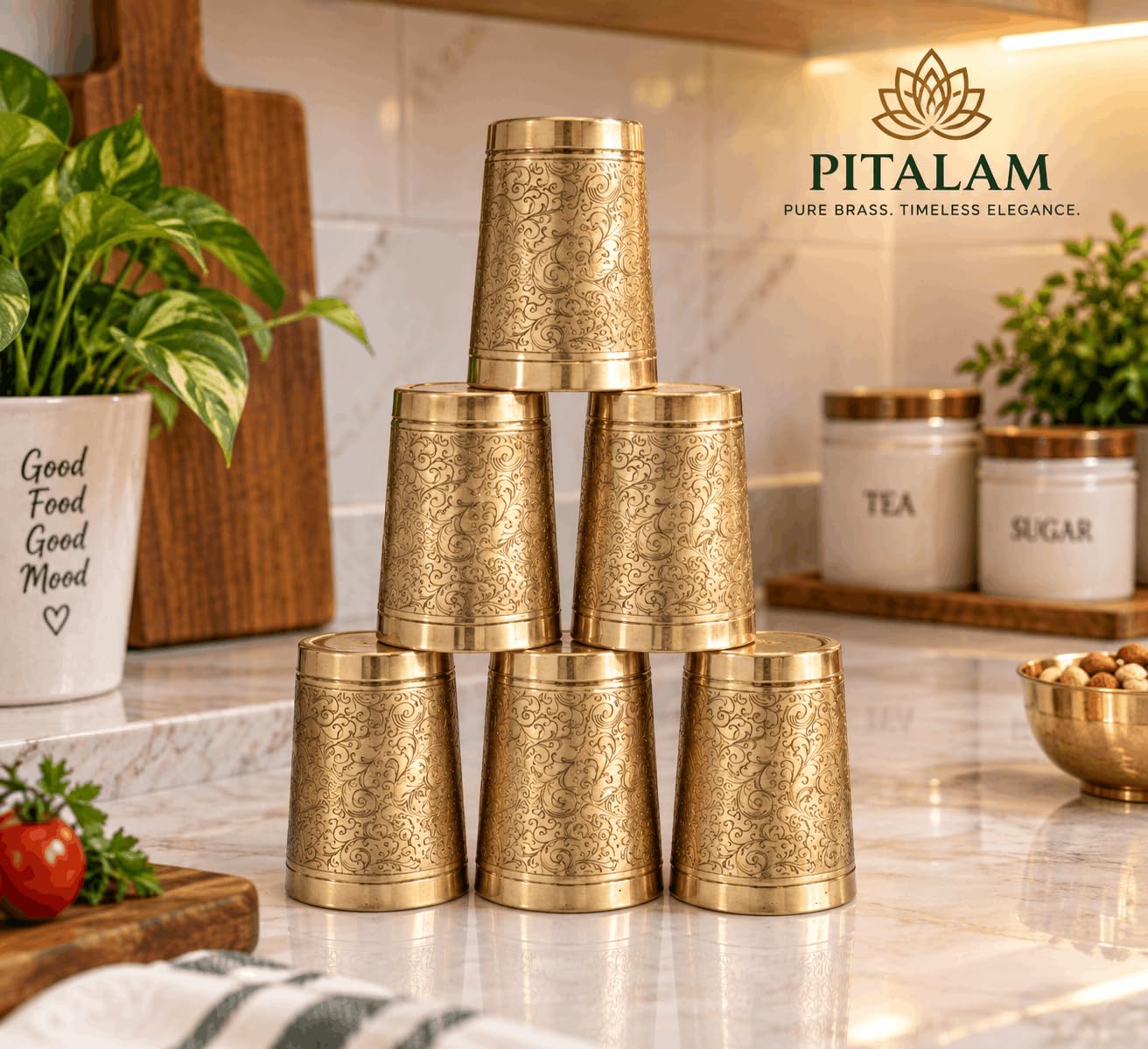 PITALAM Flora Design Pure Brass Glass Set of 6, 4 Inch 7