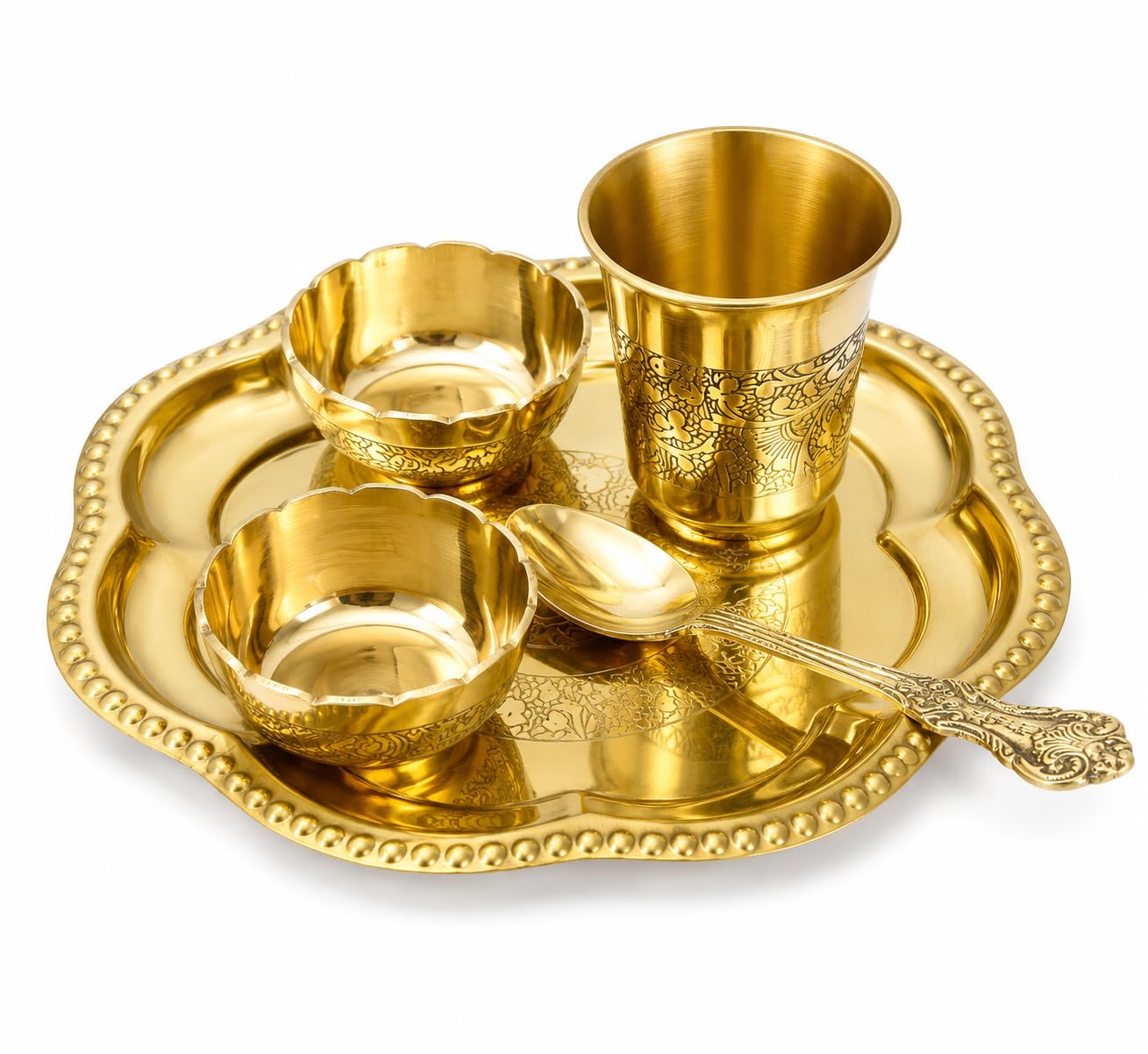 PITALAM 100% Pure Brass Bhog Thali Set with 2 Bowls, Glass & Spoon
