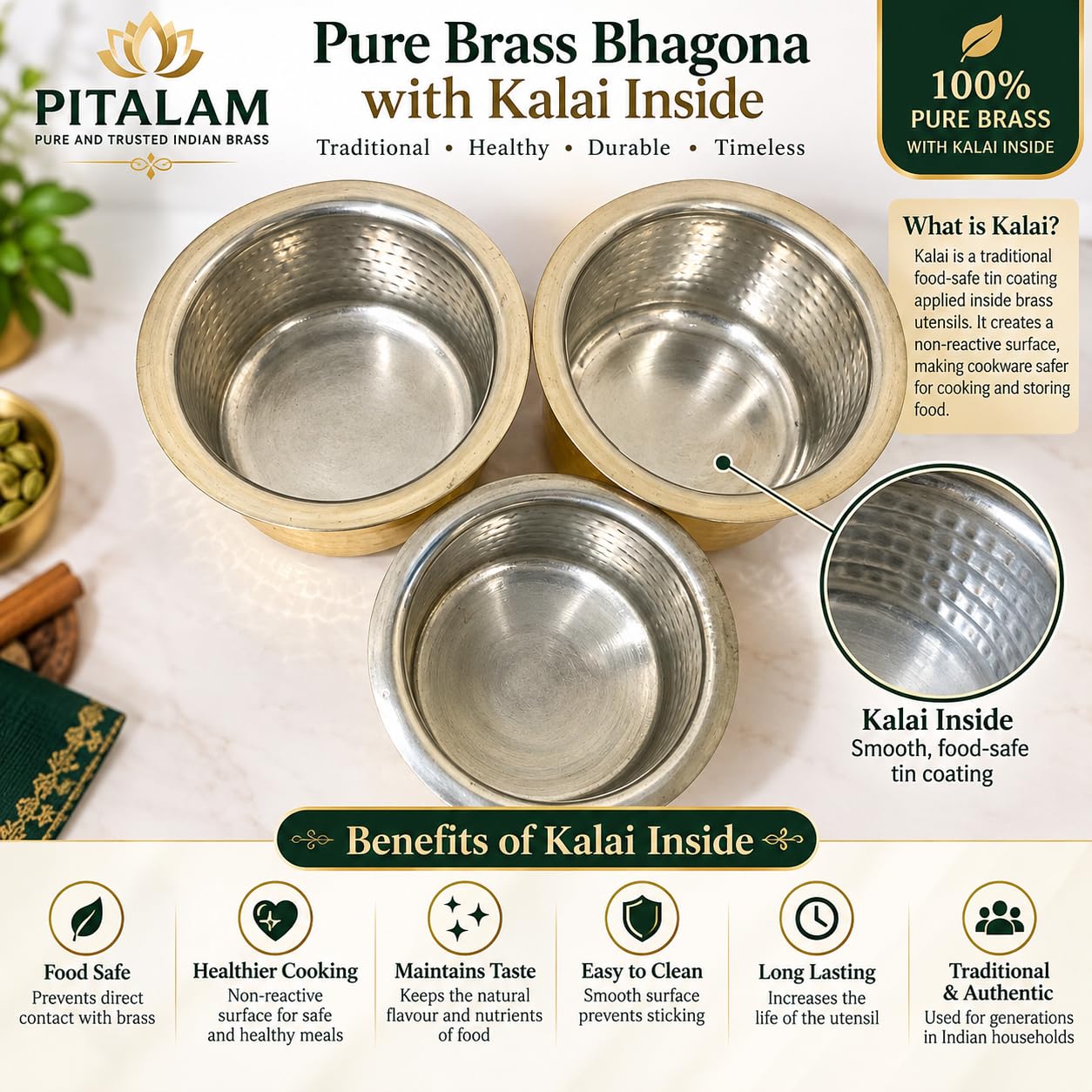 PITALAM Pure Brass Bhagona Patila with Kalai Inside, 8 Inch 5