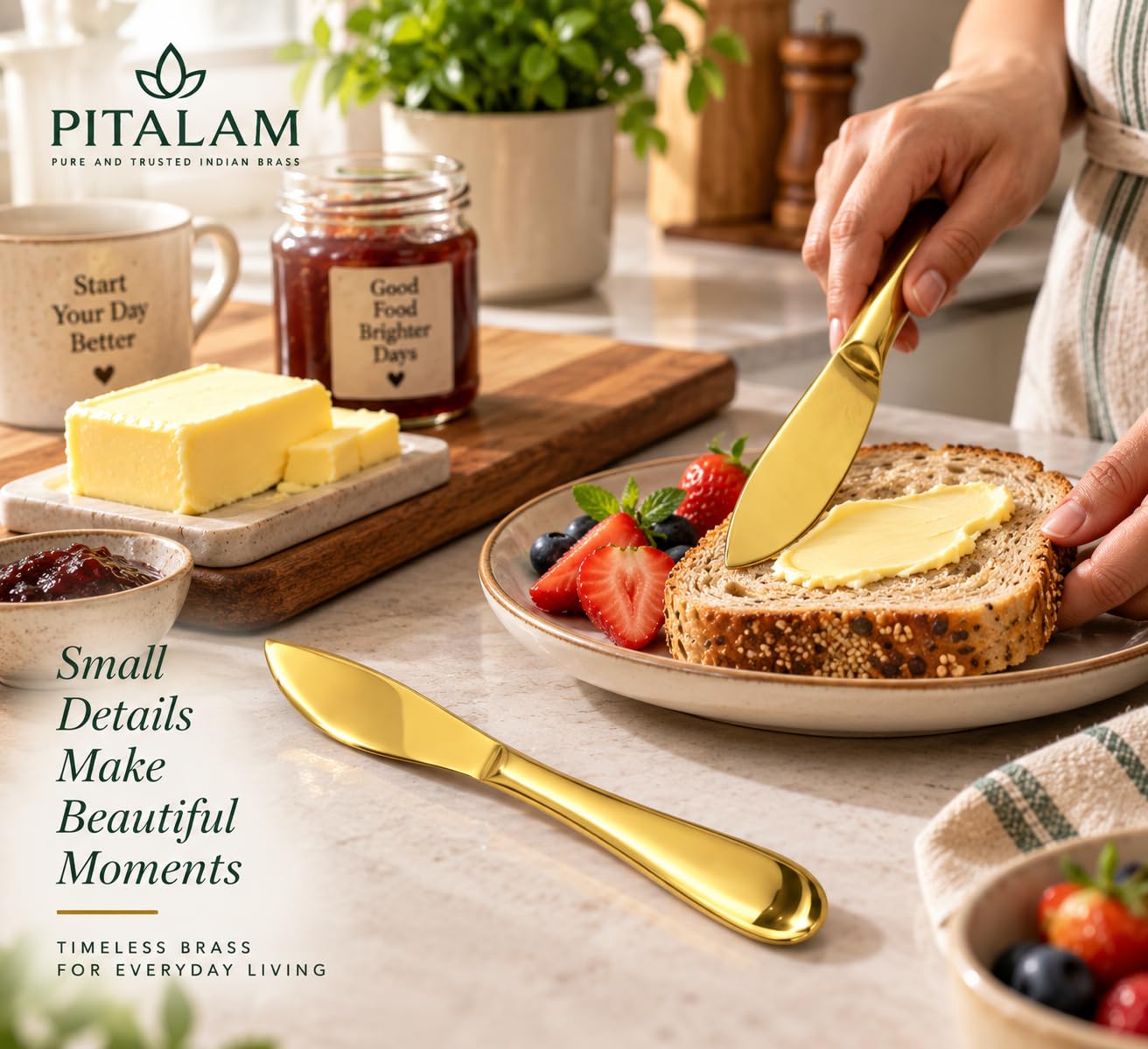 PITALAM 100% Pure Brass Butter Spreader, Set of 2, 19.05 cm 2