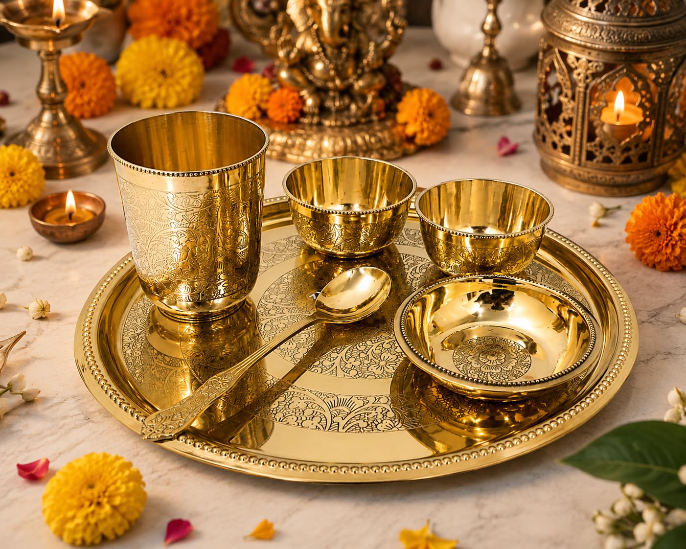 PITALAM | 100% Pure Premium Brass Dinner Thali Set | 12 Inch Traditional Dining Set with 3 Bowls, 1 Glass & 1 Spoon |Festive Dining & Gifting | 1.12 kg Weight 6