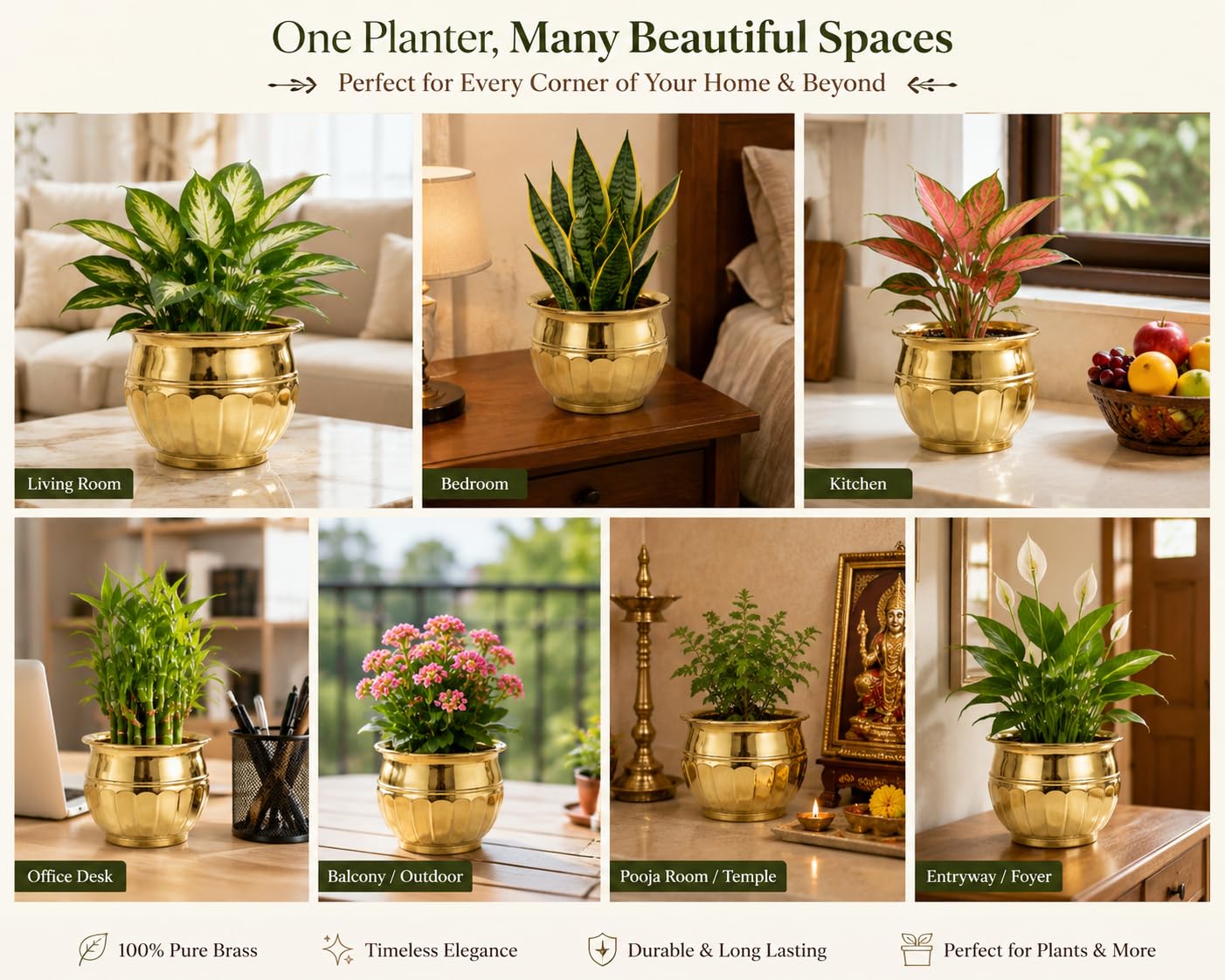 PITALAM 100% Pure Brass Round Planter Pot, 17.78 x 12.70 cm 3