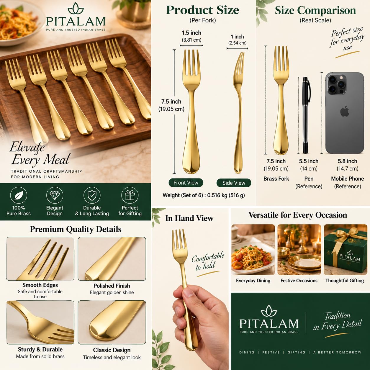 PITALAM 100% Pure Brass Fork Set of 6, 7.5 Inch 3
